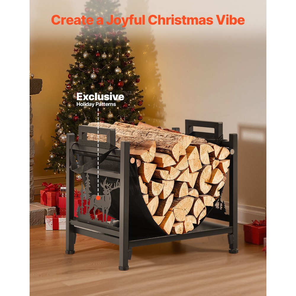 VEVOR Indoor Firewood Rack, 45cm Curved Log Holder with Canvas Carrier, 18kg Weight Capacity Wood Storage Stand, Powder-Coated Steel Firewood Holder, Heavy Duty Wood Pile Stacker Rack for Fireplace