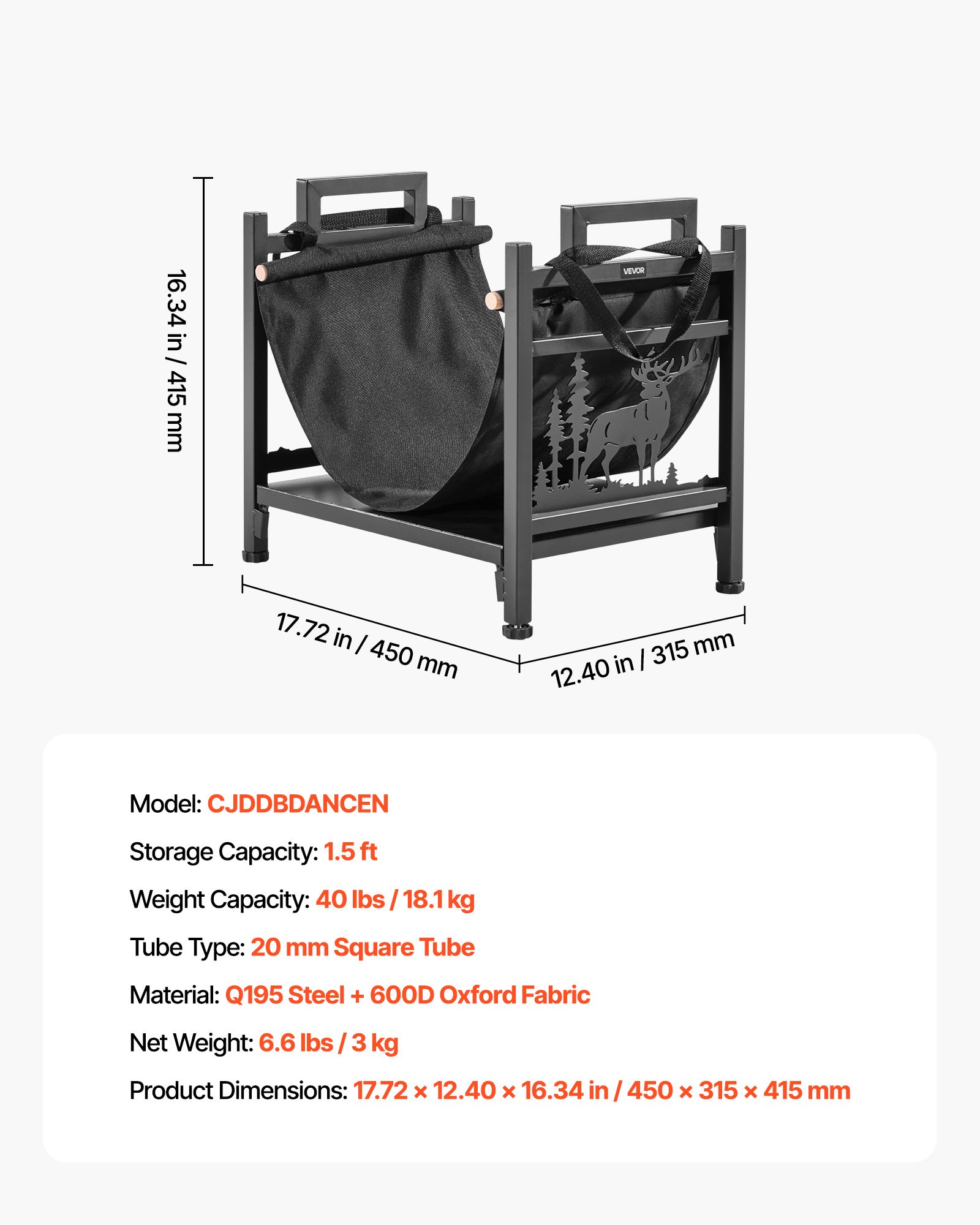 VEVOR Indoor Firewood Rack, 1.5 ft Curved Log Holder with Canvas Carrier, 40lb Weight Capacity Wood Storage Stand, Powder-Coated Steel Firewood Holder, Heavy Duty Wood Pile Stacker Rack for Fireplace
