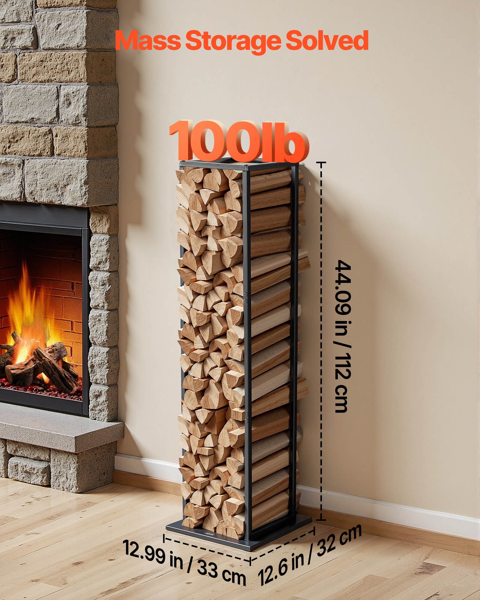 VEVOR Indoor Firewood Rack, 1 ft x 1 ft x 43.3 in Log Stacker Holder, Holds up to 100 lbs, Tall Wood Storage Stand, Powder-Coated Steel Firewood Holder, Heavy Duty Wood Pile Rack for Fireplace
