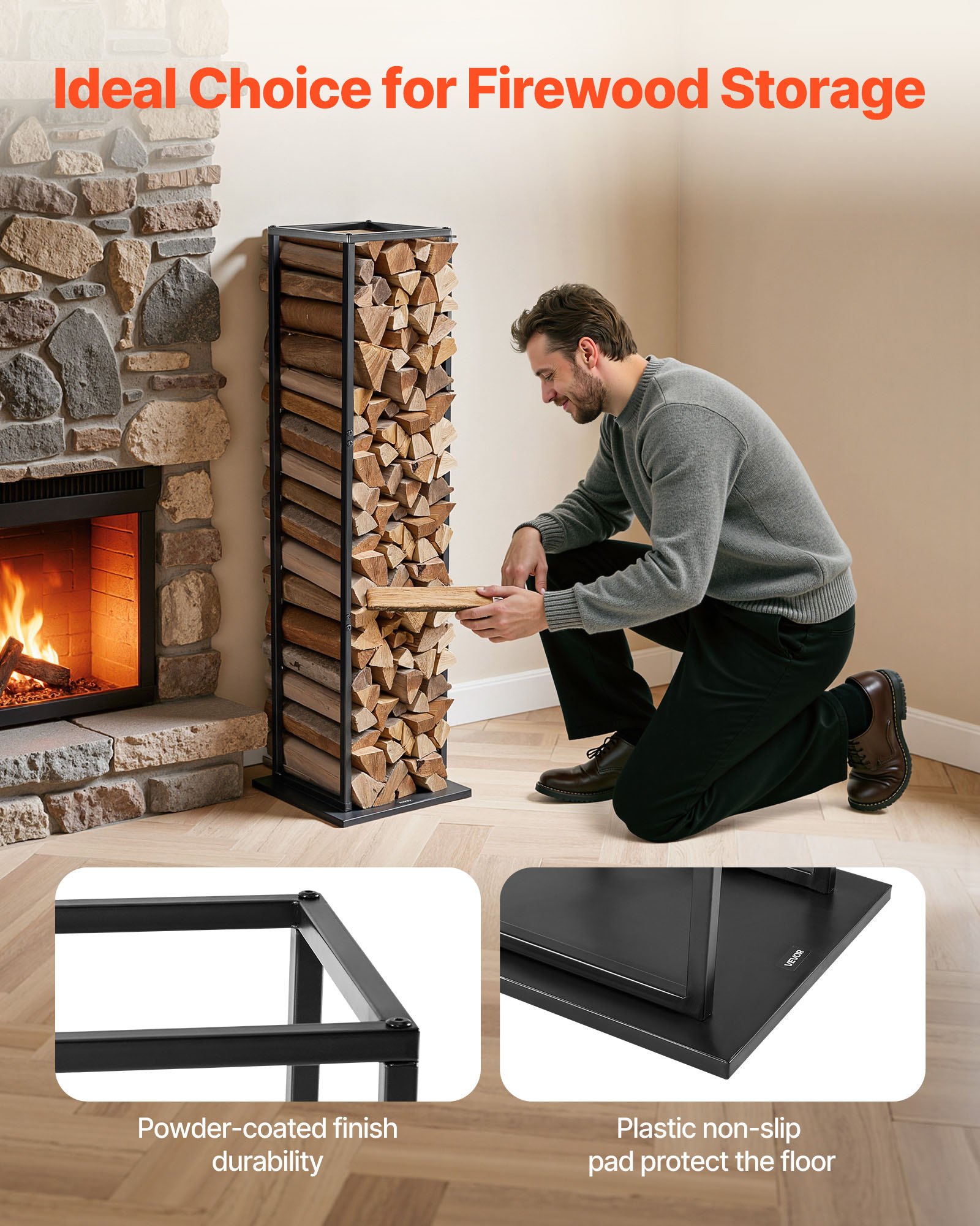 VEVOR Indoor Firewood Rack, 1 ft x 1 ft x 43.3 in Log Stacker Holder, Holds up to 100 lbs, Tall Wood Storage Stand, Powder-Coated Steel Firewood Holder, Heavy Duty Wood Pile Rack for Fireplace