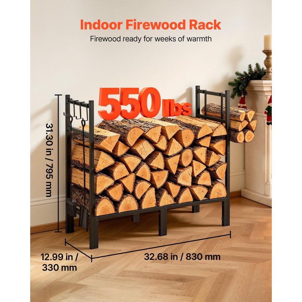 VEVOR Firewood Rack 32.68 Inch Heavy Duty Indoor Fire Wood Storage Holder, for Fireplace Patio Deck, 550 lbs Load Capacity, Stacker Stand with Log Carrier Bag, Metal Wood Pile Organizer Tool, Black