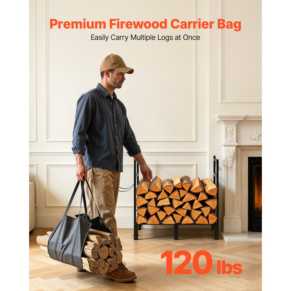 VEVOR Firewood Rack 32.68 Inch Heavy Duty Indoor Fire Wood Storage Holder, for Fireplace Patio Deck, 550 lbs Load Capacity, Stacker Stand with Log Carrier Bag, Metal Wood Pile Organizer Tool, Black