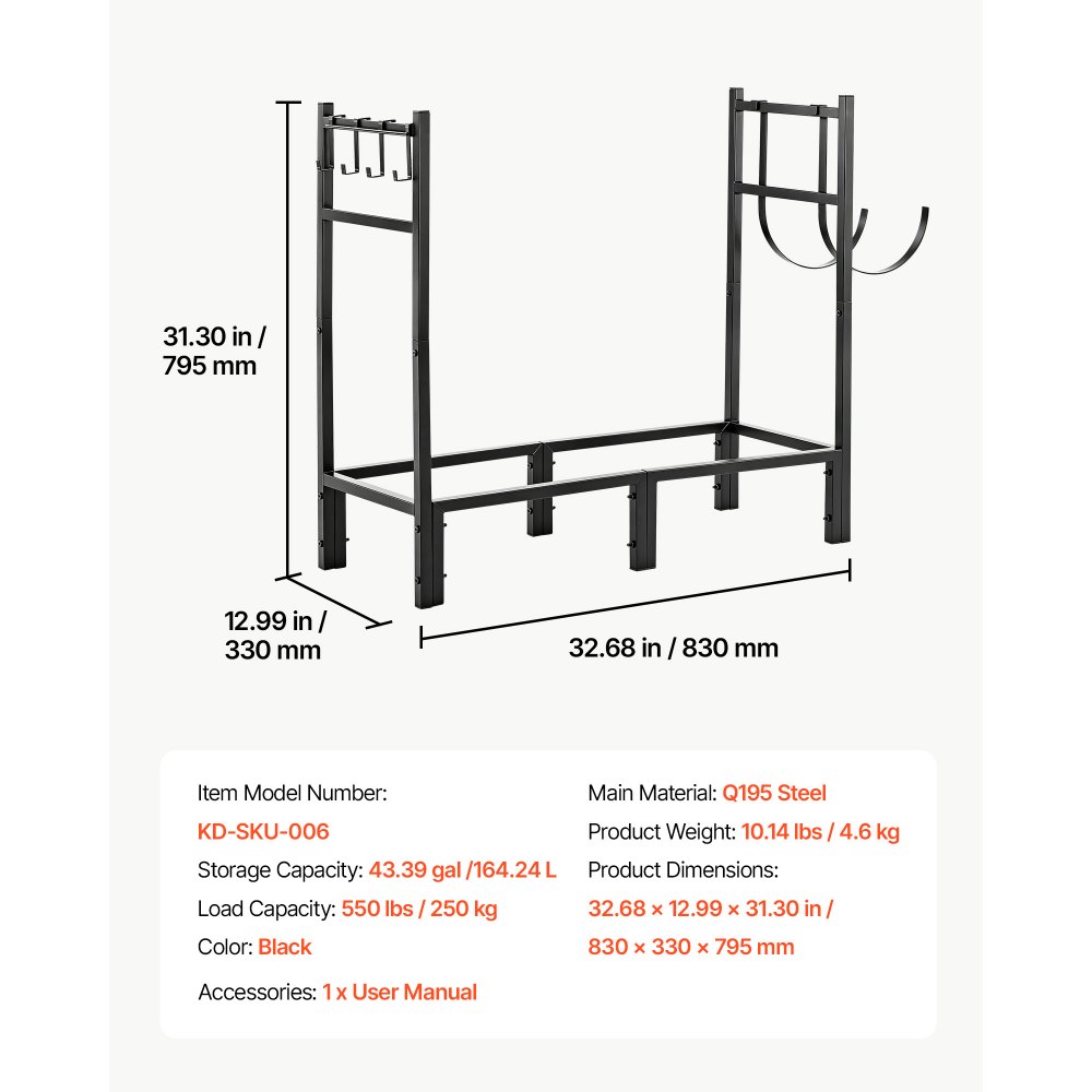 VEVOR Firewood Rack 32.68 Inch Heavy Duty Indoor Fire Wood Storage Holder, for Fireplace Patio Deck, 550 lbs Load Capacity, Stacker Stand with Log Carrier Bag, Metal Wood Pile Organizer Tool, Black
