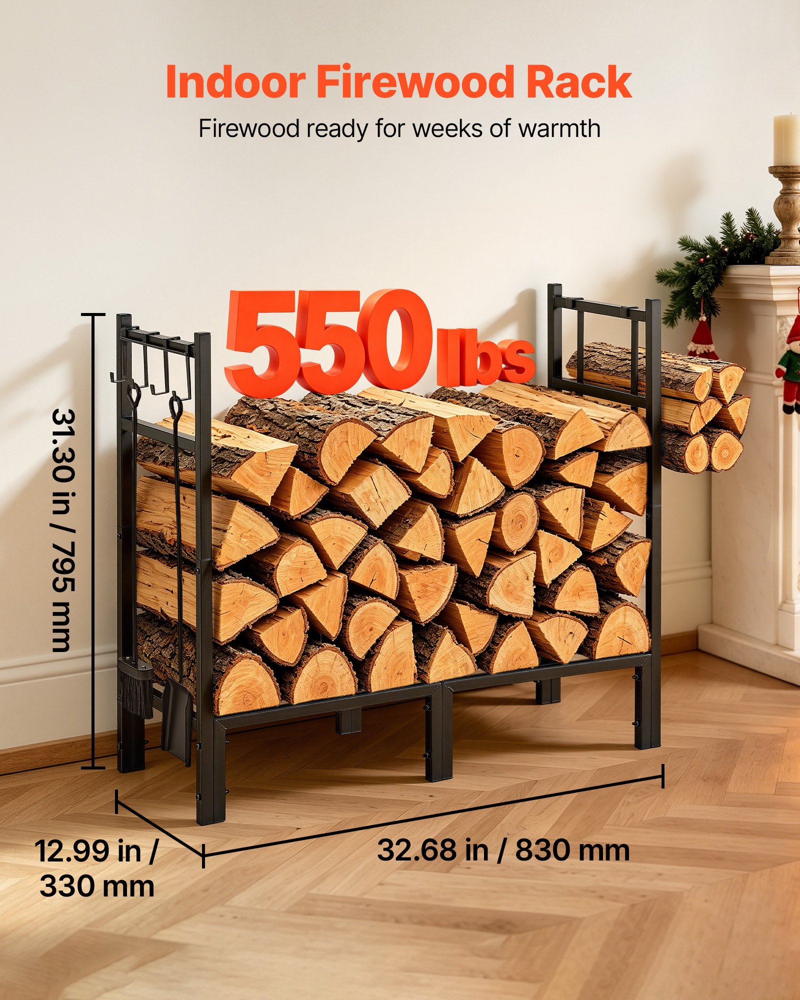 VEVOR Firewood Rack 32.68 Inch Heavy Duty Indoor Fire Wood Storage Holder, for Fireplace Patio Deck, 550 lbs Load Capacity, Stacker Stand with Log Carrier Bag, Metal Wood Pile Organizer Tool, Black