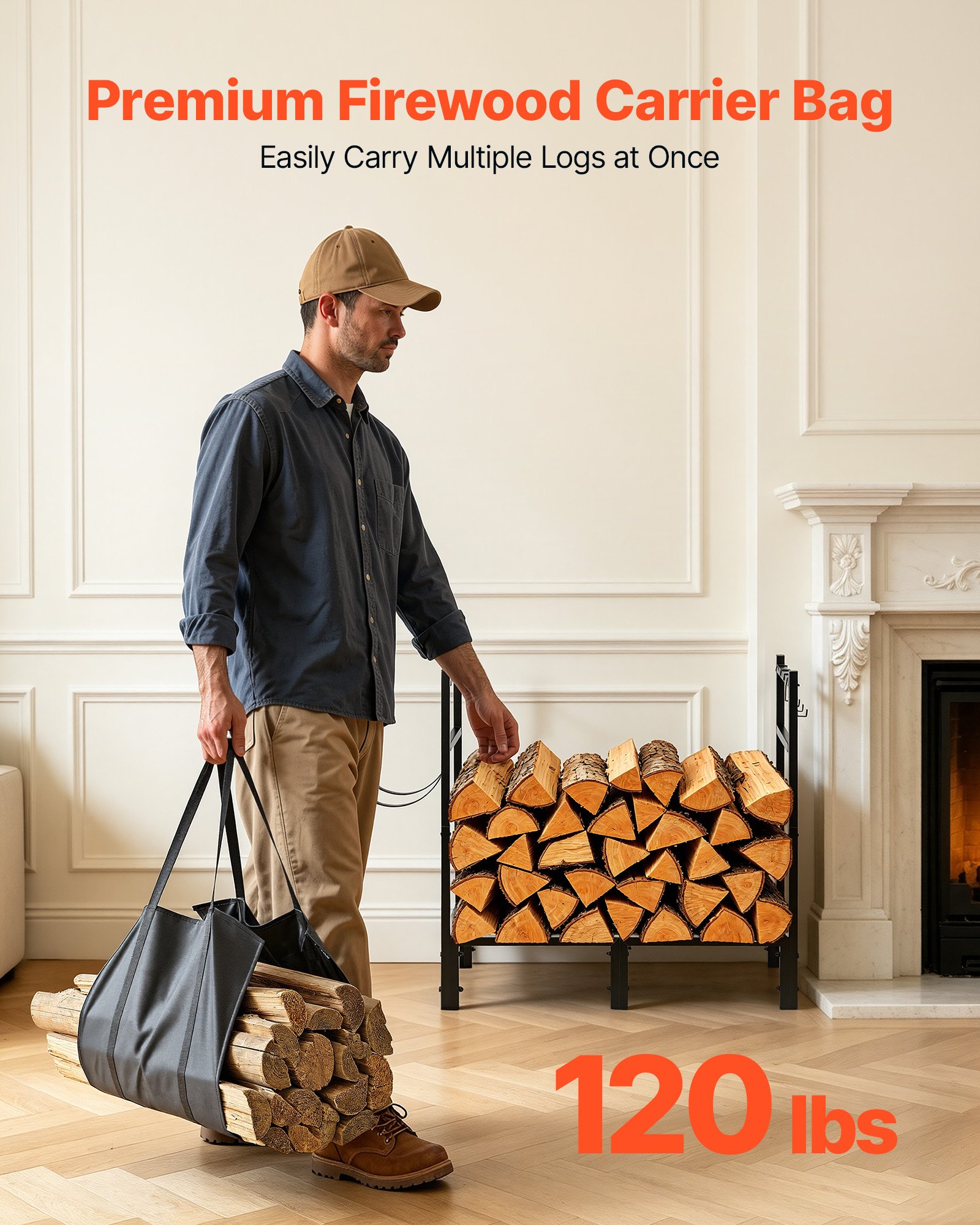 VEVOR Firewood Rack 32.68 Inch Heavy Duty Indoor Fire Wood Storage Holder, for Fireplace Patio Deck, 550 lbs Load Capacity, Stacker Stand with Log Carrier Bag, Metal Wood Pile Organizer Tool, Black