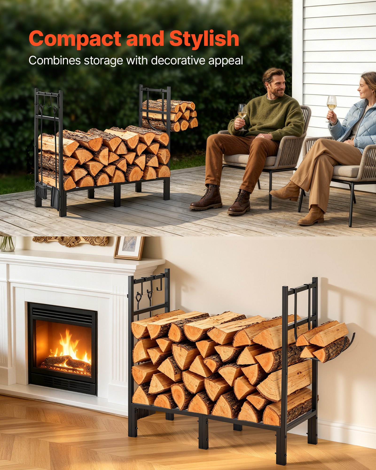 VEVOR Firewood Rack 32.68 Inch Heavy Duty Indoor Fire Wood Storage Holder, for Fireplace Patio Deck, 550 lbs Load Capacity, Stacker Stand with Log Carrier Bag, Metal Wood Pile Organizer Tool, Black