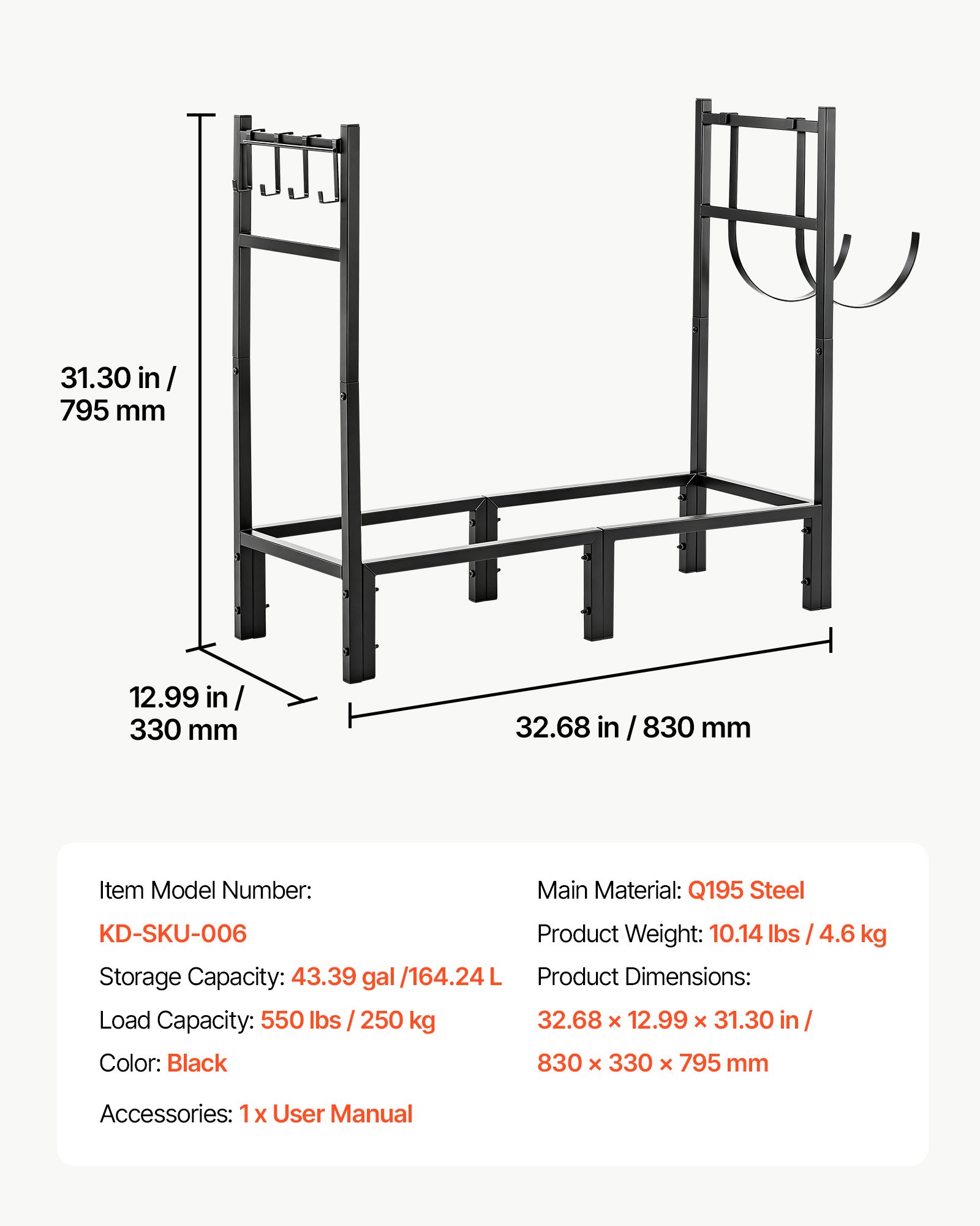 VEVOR Firewood Rack 32.68 Inch Heavy Duty Indoor Fire Wood Storage Holder, for Fireplace Patio Deck, 550 lbs Load Capacity, Stacker Stand with Log Carrier Bag, Metal Wood Pile Organizer Tool, Black