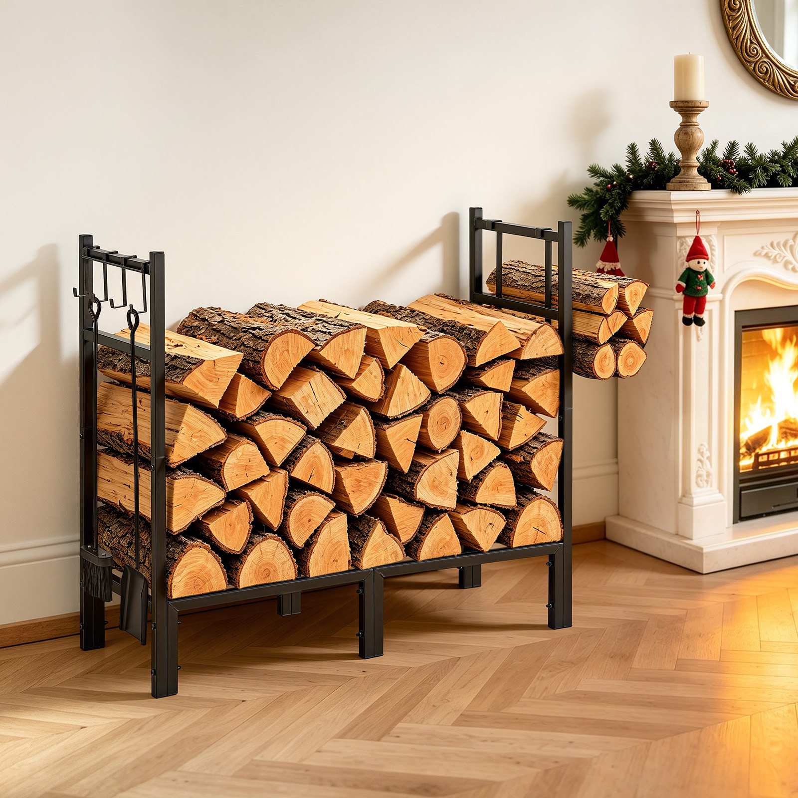 VEVOR Firewood Rack 32.68 Inch Heavy Duty Indoor Fire Wood Storage Holder, for Fireplace Patio Deck, 550 lbs Load Capacity, Stacker Stand with Log Carrier Bag, Metal Wood Pile Organizer Tool, Black