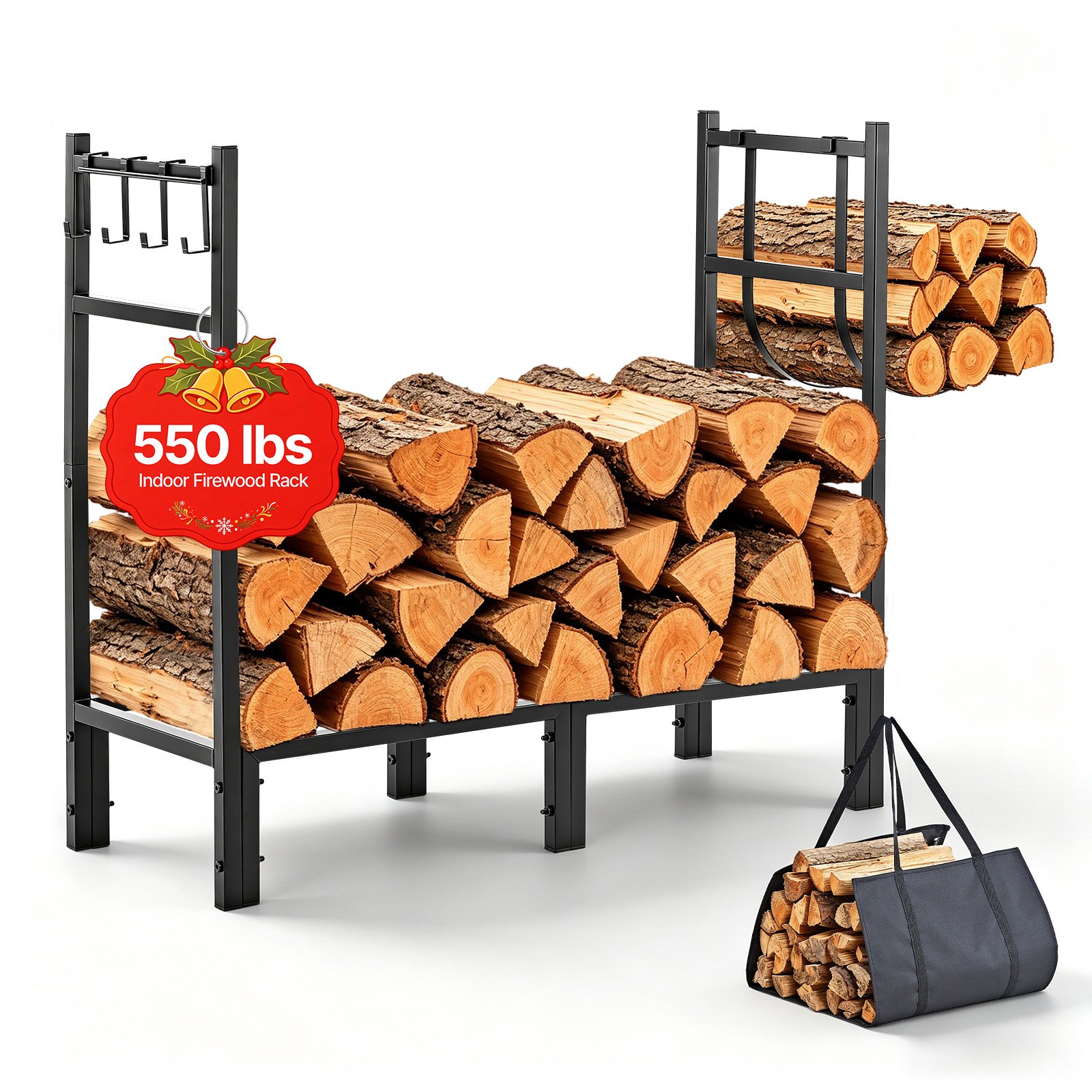VEVOR Firewood Rack 32.68 Inch Heavy Duty Indoor Fire Wood Storage Holder, for Fireplace Patio Deck, 550 lbs Load Capacity, Stacker Stand with Log Carrier Bag, Metal Wood Pile Organizer Tool, Black