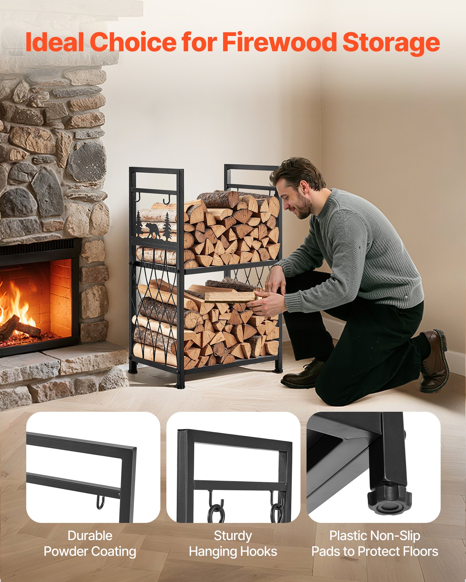 VEVOR Indoor Firewood Rack, 1.3 ft 2-Tier Firewood Holder with Fireplace Tools, Brush, Shovel, Poker, Tongs, Heavy Duty Log Wood Rack, 400 lbs Weight Capacity, Wood Pile Storage Stacker for Fire Pit