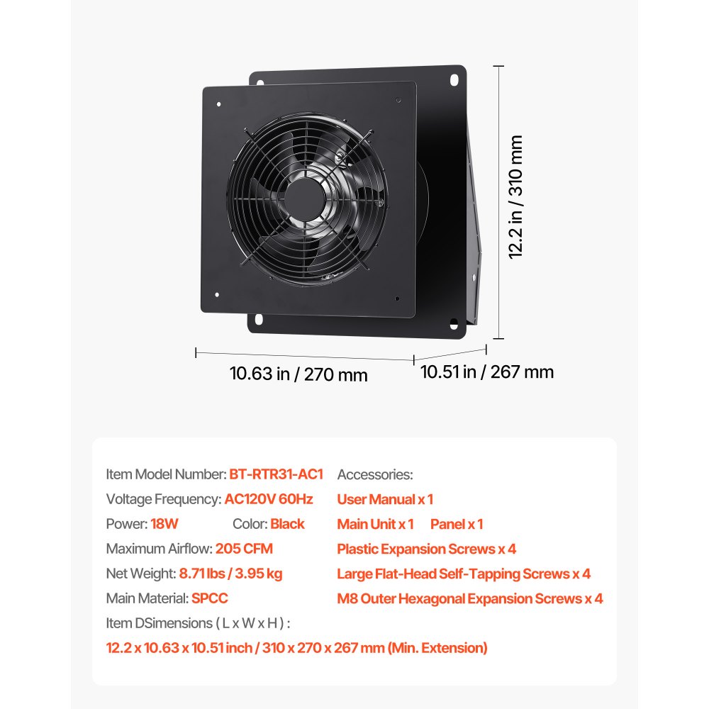 VEVOR 6 inch Through-The-Wall Ventilation Fan, 205 CFM Through Wall Exhaust Fan with AC Motor, Quiet Vent Easy Installation for Bathroom,Garage,Laundry Room,Storage Room Air Exchanger