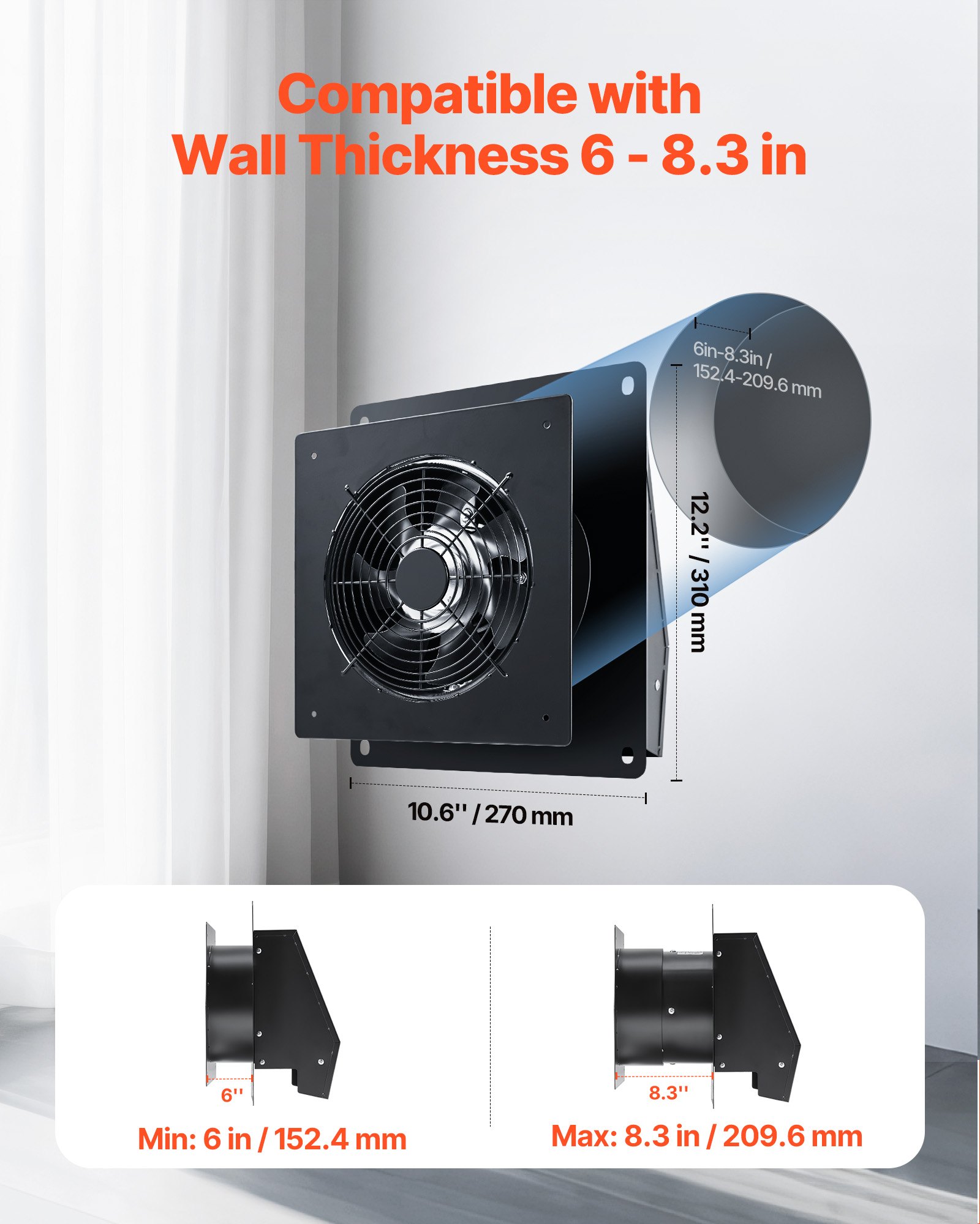 VEVOR 6 inch Through-The-Wall Ventilation Fan, 205 CFM Through Wall Exhaust Fan with AC Motor, Quiet Vent Easy Installation for Bathroom,Garage,Laundry Room,Storage Room Air Exchanger