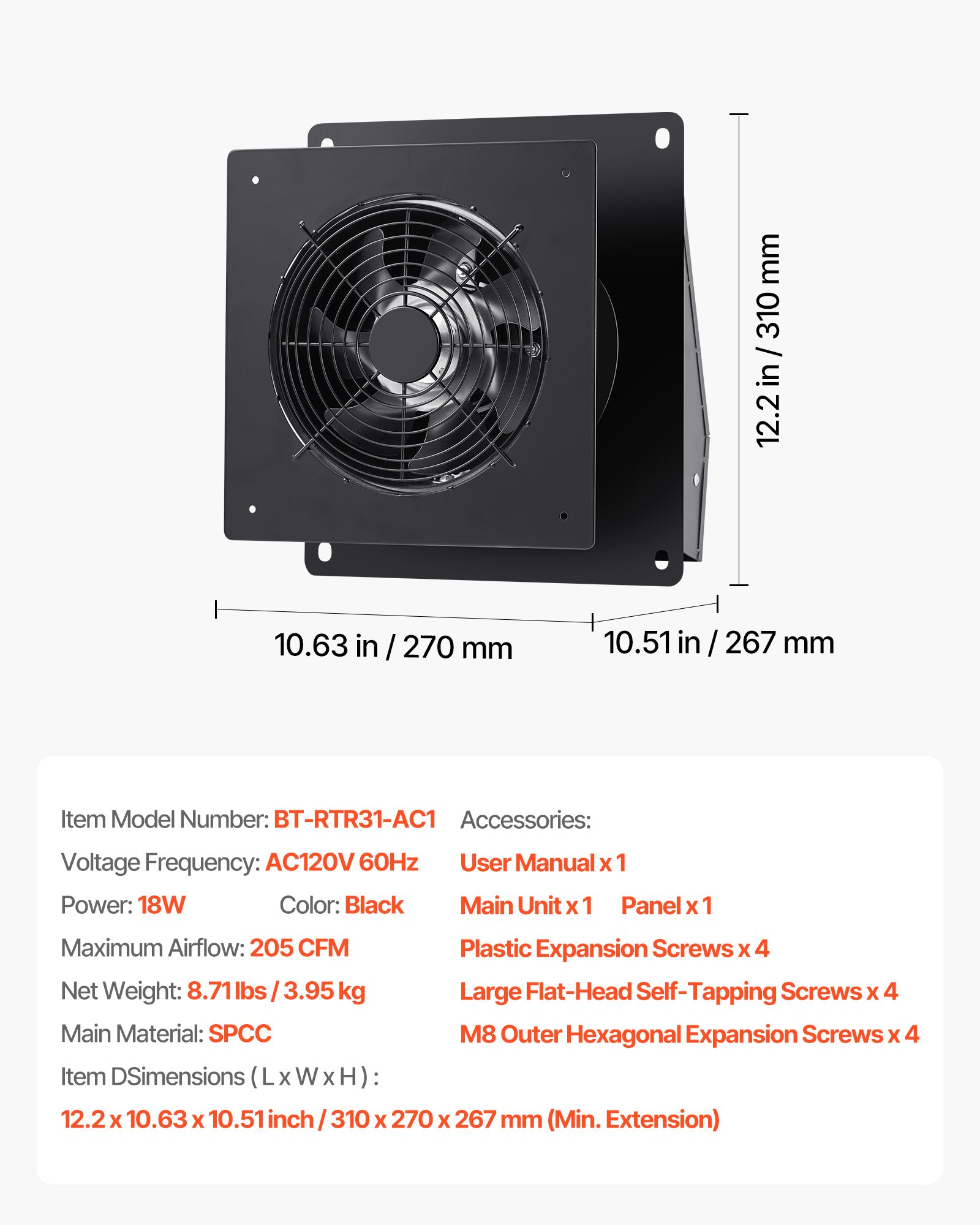 VEVOR 6 inch Through-The-Wall Ventilation Fan, 205 CFM Through Wall Exhaust Fan with AC Motor, Quiet Vent Easy Installation for Bathroom,Garage,Laundry Room,Storage Room Air Exchanger