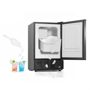 VEVOR 15 W Under Counter Ice Maker, 15 LBS/Day Crescent Ice Maker Built-in with 11LBS Storage Bin Reversible Door, Freestanding Ice-Making Machine for Commercial Home Kitchens - No Drain Required