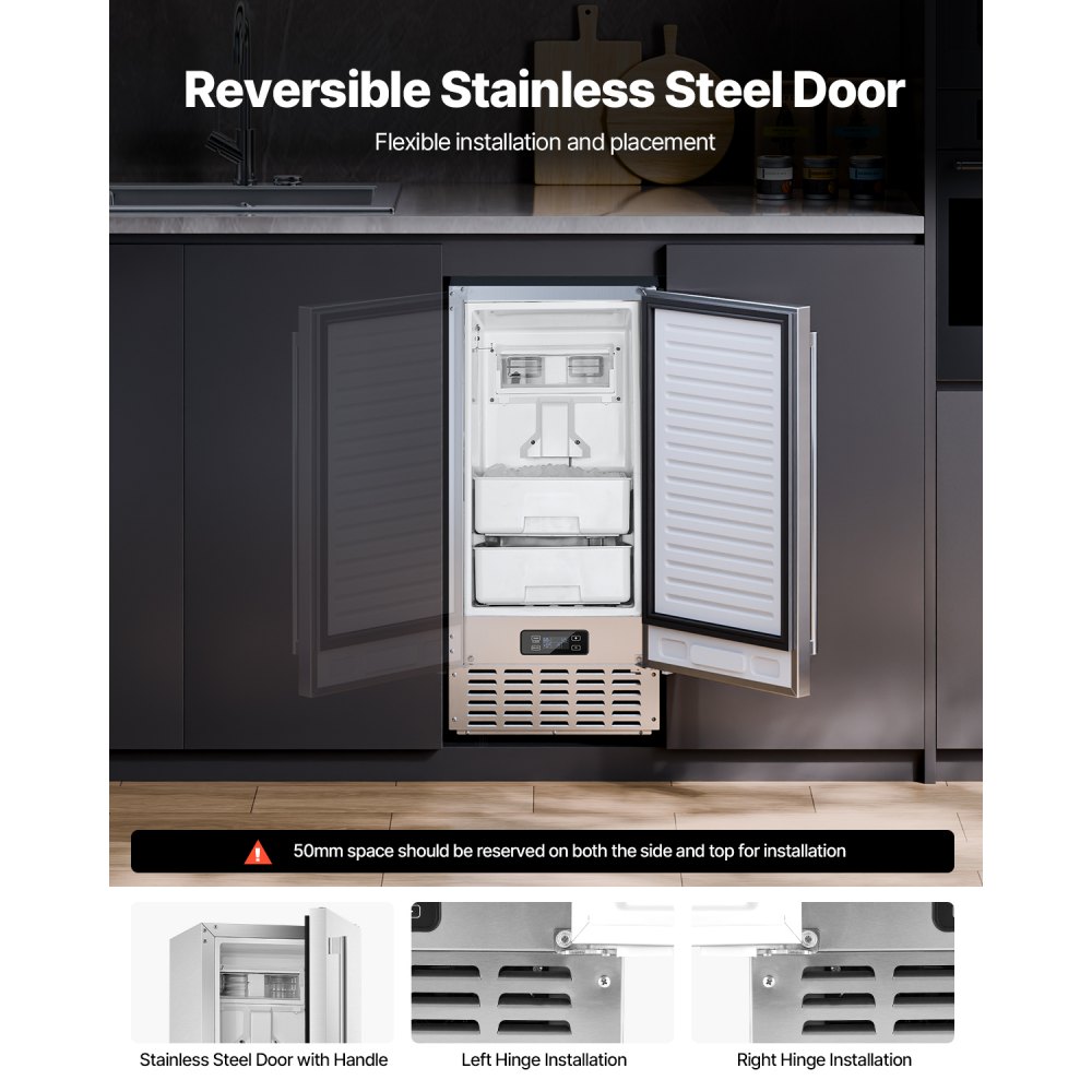 VEVOR Undercounter Built-in Ice Maker, 66 Lbs/Day Under Counter Nugget Ice Maker Machine with Reversible Door Stainless Steel, Freestanding Ice Maker for Commercial Home Kitchen, Electric Drainage