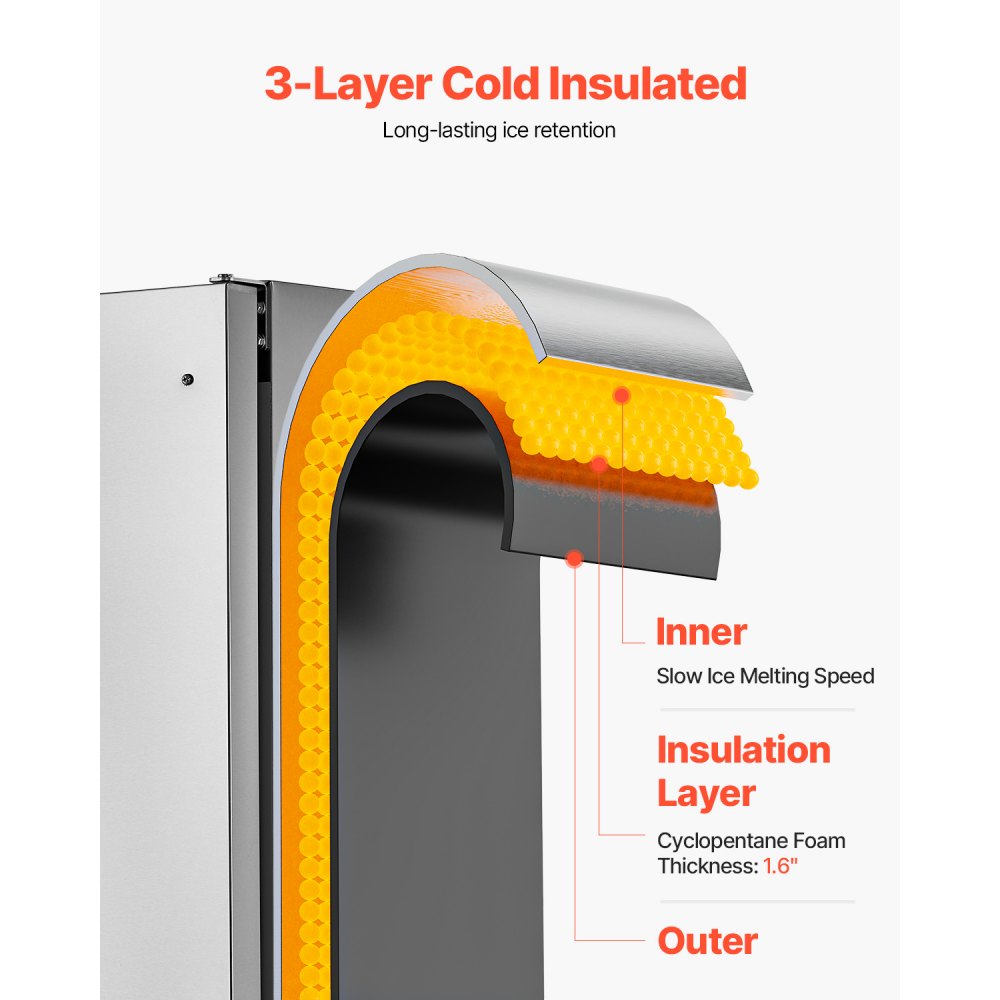 Máquina de hielo empotrable bajo encimera VEVOR, 66 libras/día, máquina de hielo en pepitas bajo encimera con puerta reversible de acero inoxidable, máquina de hielo independiente para cocina comercial y doméstica, drenaje eléctrico.