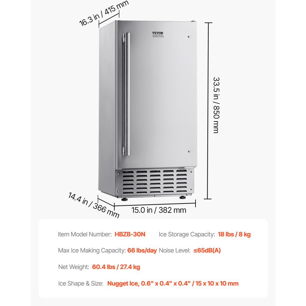 Máquina de hielo empotrable bajo encimera VEVOR, 66 libras/día, máquina de hielo en pepitas bajo encimera con puerta reversible de acero inoxidable, máquina de hielo independiente para cocina comercial y doméstica, drenaje eléctrico.