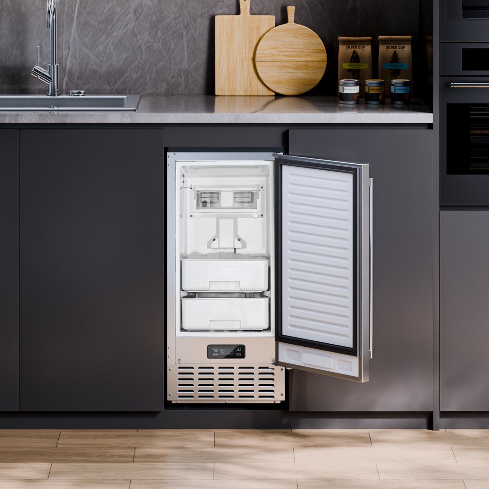 Máquina de hielo empotrable bajo encimera VEVOR, 66 libras/día, máquina de hielo en pepitas bajo encimera con puerta reversible de acero inoxidable, máquina de hielo independiente para cocina comercial y doméstica, drenaje eléctrico.