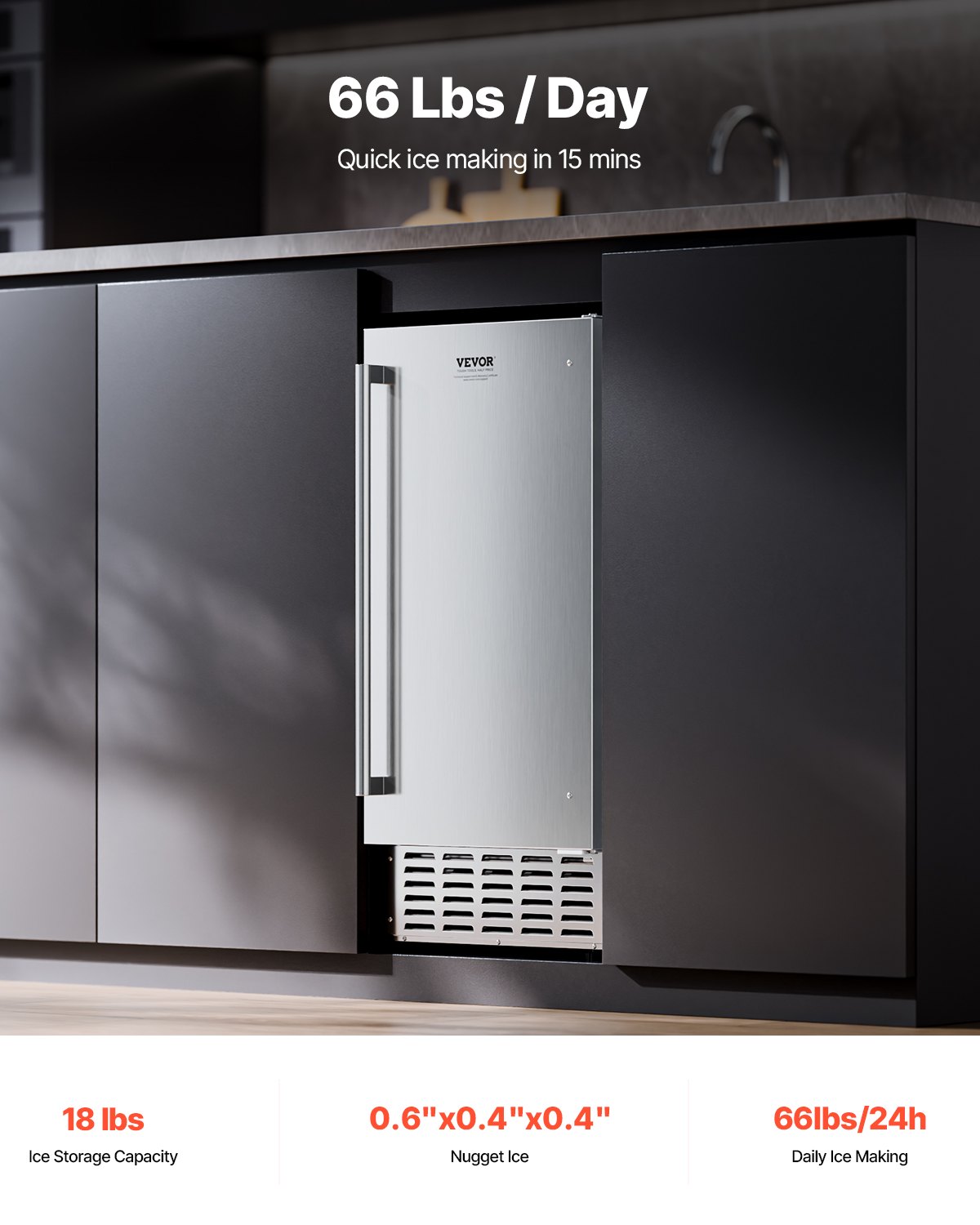 Máquina de hielo empotrable bajo encimera VEVOR, 66 libras/día, máquina de hielo en pepitas bajo encimera con puerta reversible de acero inoxidable, máquina de hielo independiente para cocina comercial y doméstica, drenaje eléctrico.