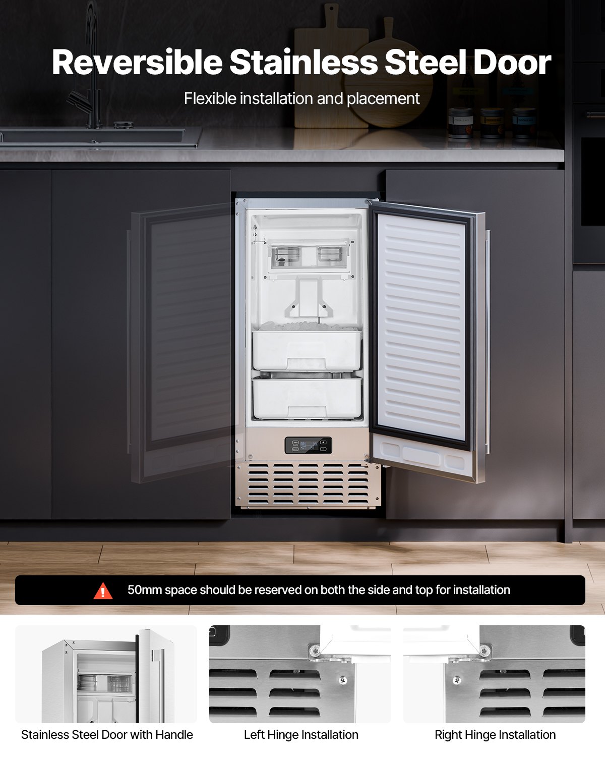 Máquina de hielo empotrable bajo encimera VEVOR, 66 libras/día, máquina de hielo en pepitas bajo encimera con puerta reversible de acero inoxidable, máquina de hielo independiente para cocina comercial y doméstica, drenaje eléctrico.
