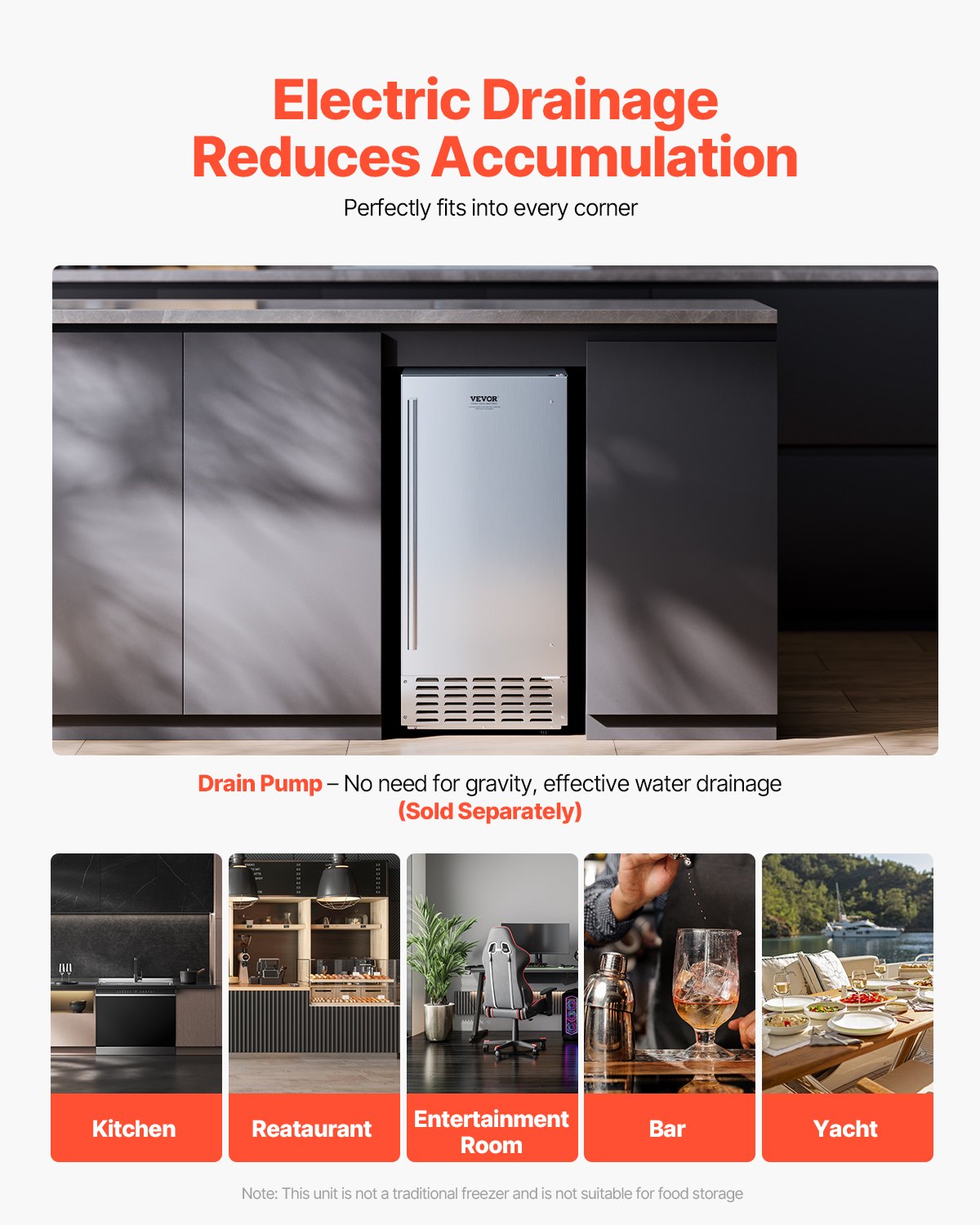Máquina de hielo empotrable bajo encimera VEVOR, 66 libras/día, máquina de hielo en pepitas bajo encimera con puerta reversible de acero inoxidable, máquina de hielo independiente para cocina comercial y doméstica, drenaje eléctrico.