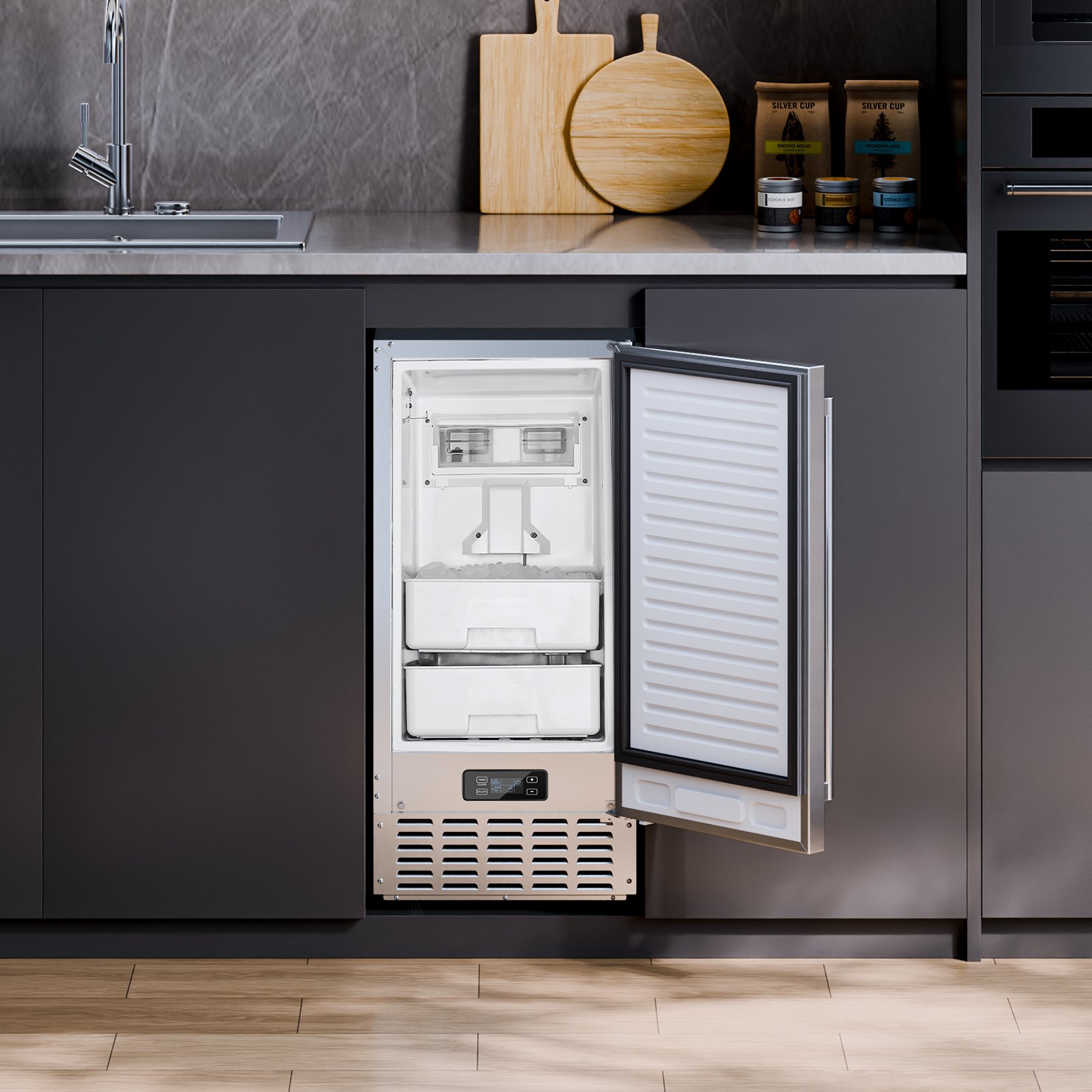 Máquina de hielo empotrable bajo encimera VEVOR, 66 libras/día, máquina de hielo en pepitas bajo encimera con puerta reversible de acero inoxidable, máquina de hielo independiente para cocina comercial y doméstica, drenaje eléctrico.