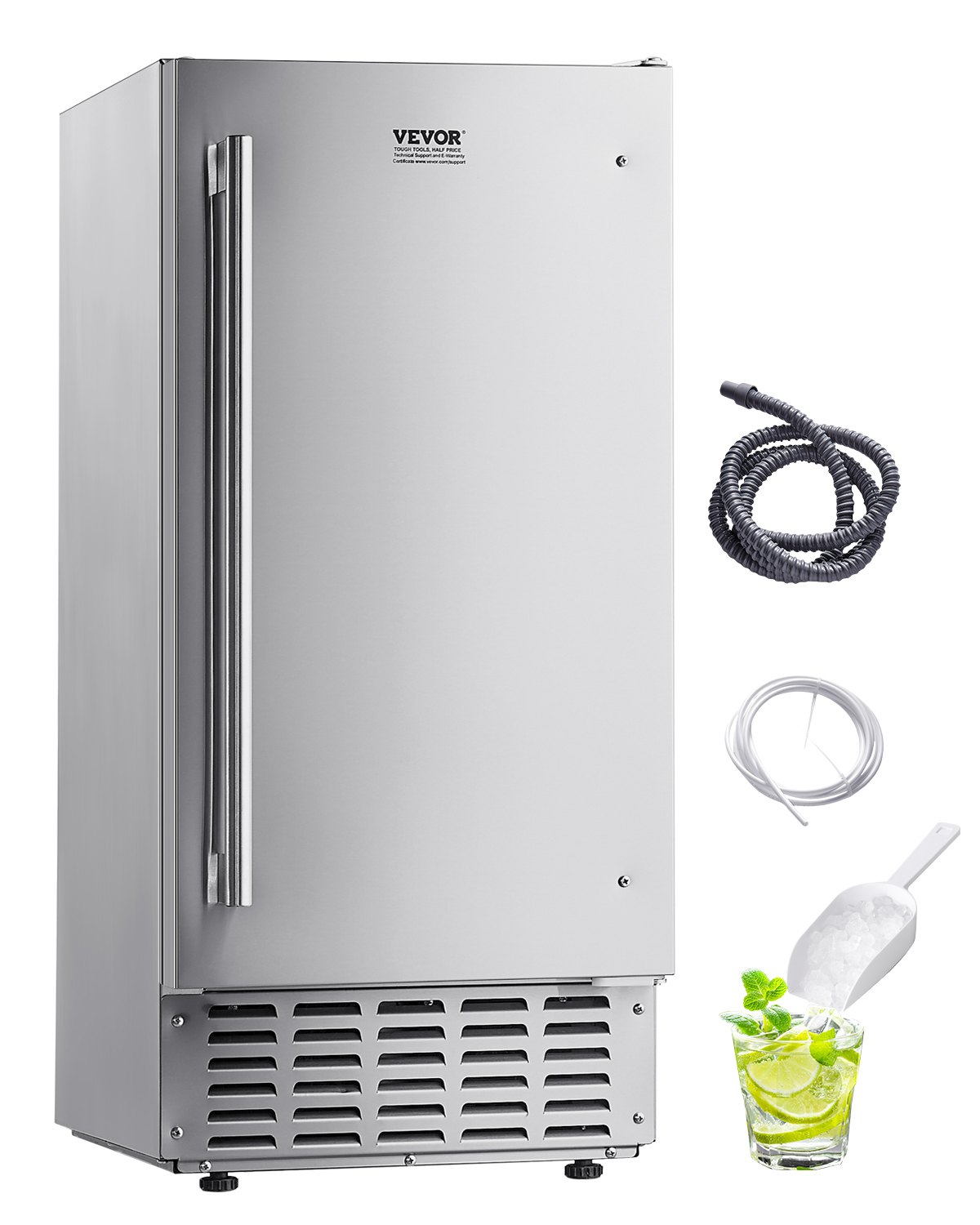 Máquina de hielo empotrable bajo encimera VEVOR, 66 libras/día, máquina de hielo en pepitas bajo encimera con puerta reversible de acero inoxidable, máquina de hielo independiente para cocina comercial y doméstica, drenaje eléctrico.