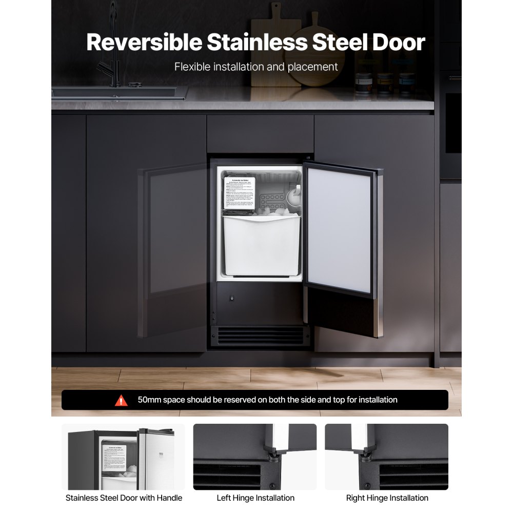Máquina de hielo empotrable bajo encimera VEVOR, 11,3 kg/día, con puerta reversible de acero inoxidable, máquina de hielo independiente para cocinas comerciales y domésticas, no requiere desagüe.