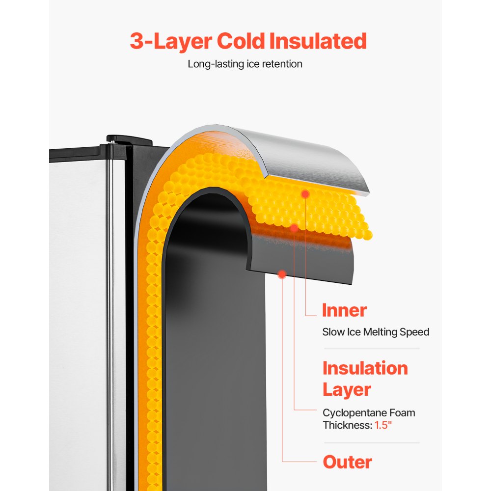 Máquina de hielo empotrable bajo encimera VEVOR, 11,3 kg/día, con puerta reversible de acero inoxidable, máquina de hielo independiente para cocinas comerciales y domésticas, no requiere desagüe.