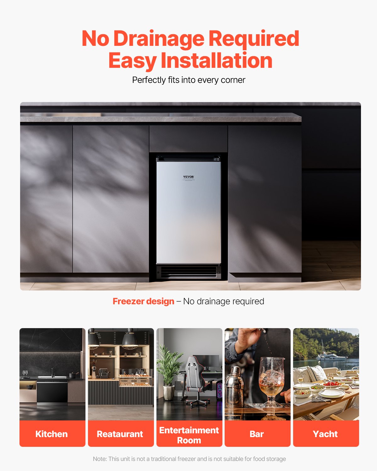 VEVOR Undercounter Built-in Ice Maker, 25 Lbs/Day Under Counter Ice Maker Machine with Reversible Door Stainless Steel, Freestanding Ice Maker for Commercial Home Kitchen, No Drain Required