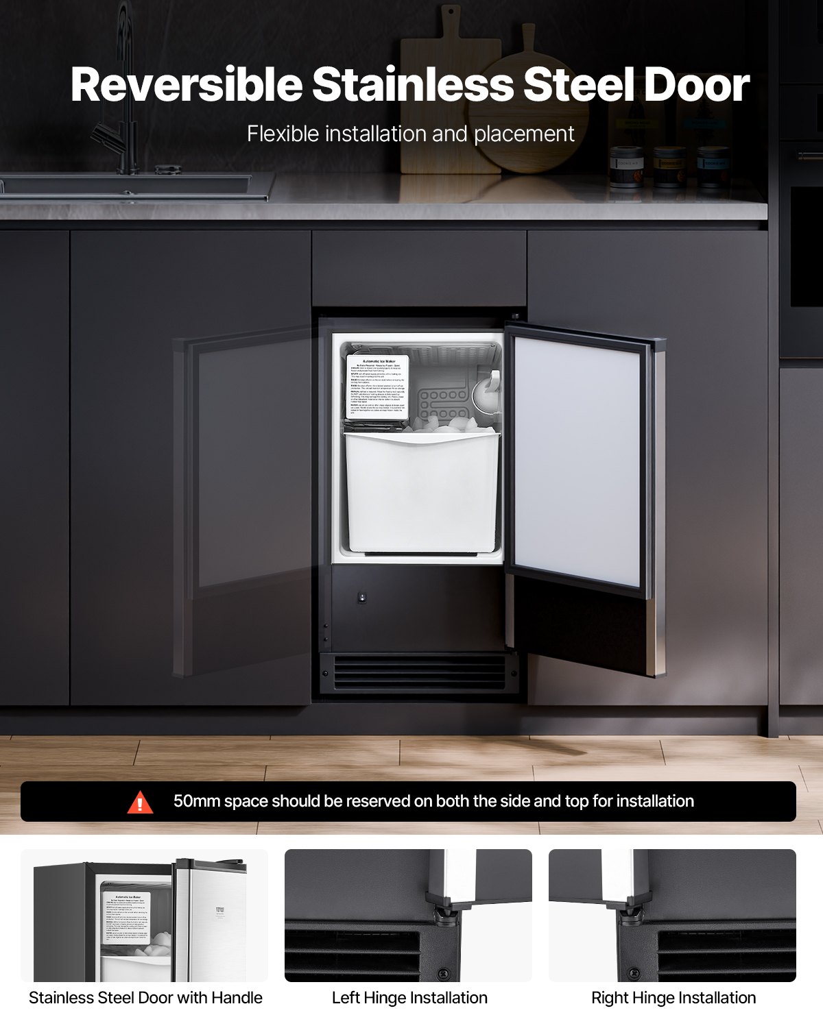 Máquina de hielo empotrable bajo encimera VEVOR, 11,3 kg/día, con puerta reversible de acero inoxidable, máquina de hielo independiente para cocinas comerciales y domésticas, no requiere desagüe.