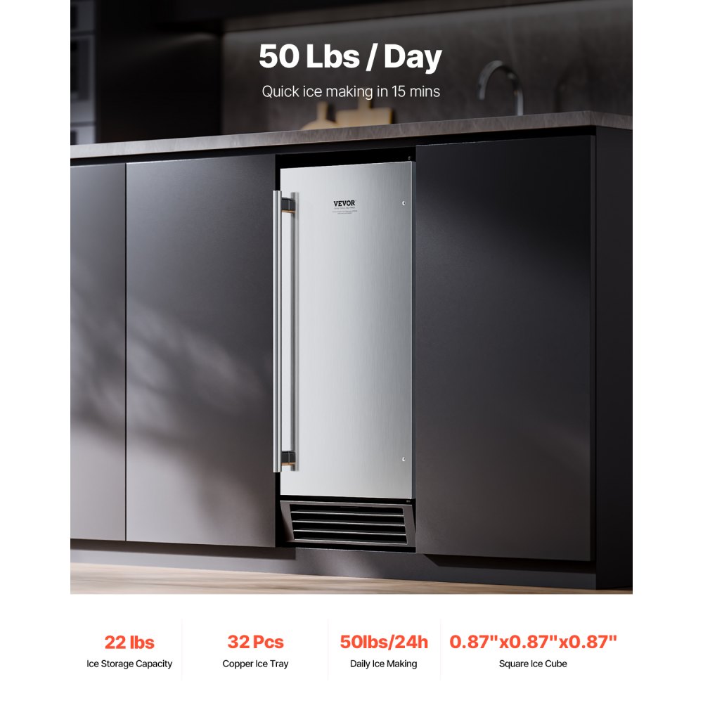VEVOR Undercounter Built-in Ice Maker, 50 Lbs/Day Under Counter Ice Maker Machine with Drain Pump Reversible Door Stainless Steel, Freestanding Ice Maker for Commercial Home Kitchen