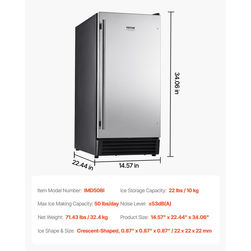 VEVOR Undercounter Built-in Ice Maker, 50 Lbs/Day Under Counter Ice Maker Machine with Drain Pump Reversible Door Stainless Steel, Freestanding Ice Maker for Commercial Home Kitchen