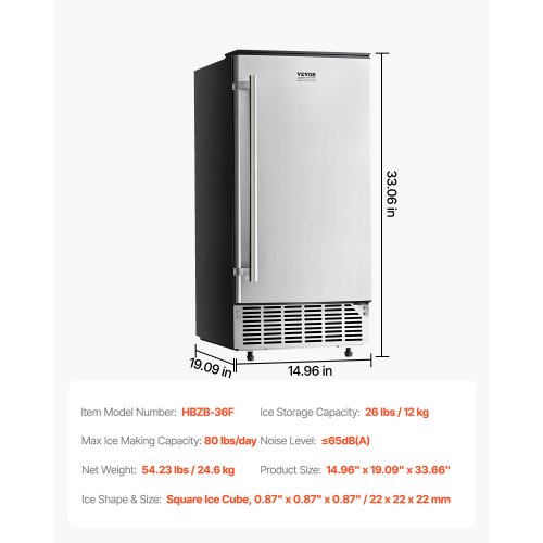 VEVOR 110V Commercial Ice Maker Machine 265lbs/24h, 750W Stainless Steel Ice Machine With 55lbs Storage Capacity, 126 Ice Cubes