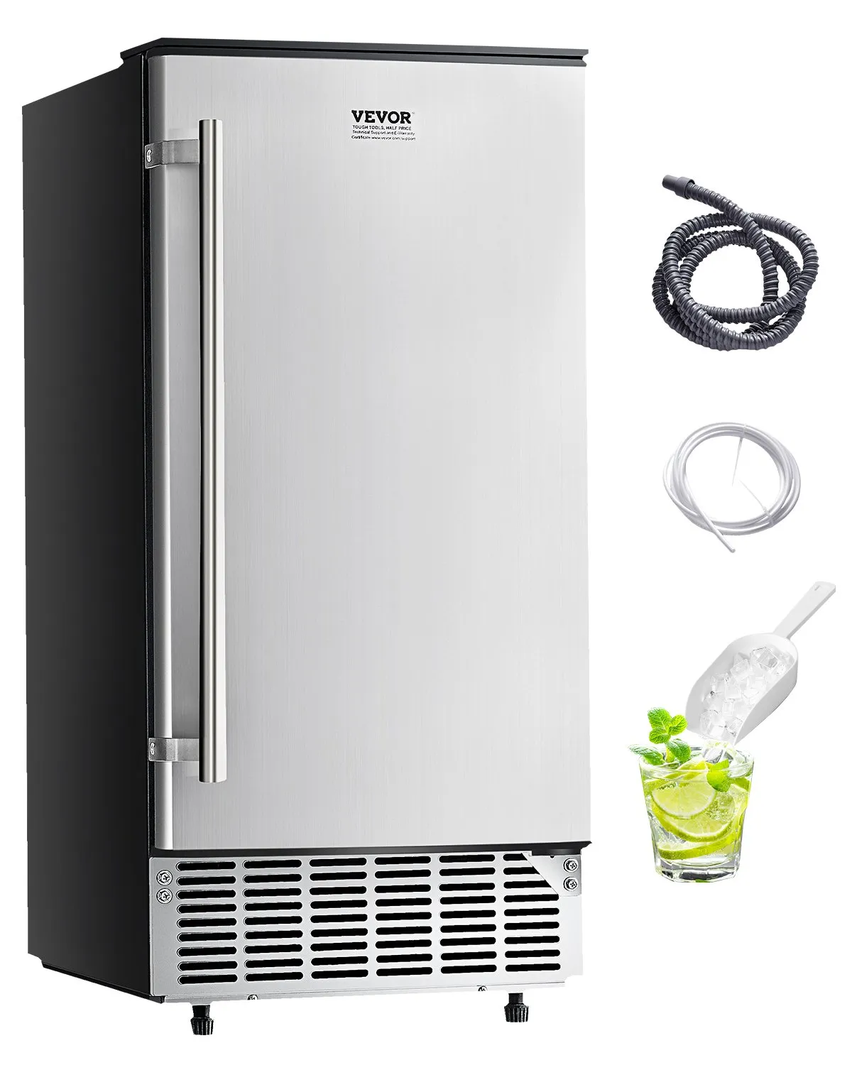 VEVOR Undercounter Built-in Ice Maker, 80 Lbs/Day Under Counter Ice Maker Machine with Reversible Door Stainless Steel, Freestanding Ice Maker for Commercial Home Kitchen, Electric Drainage