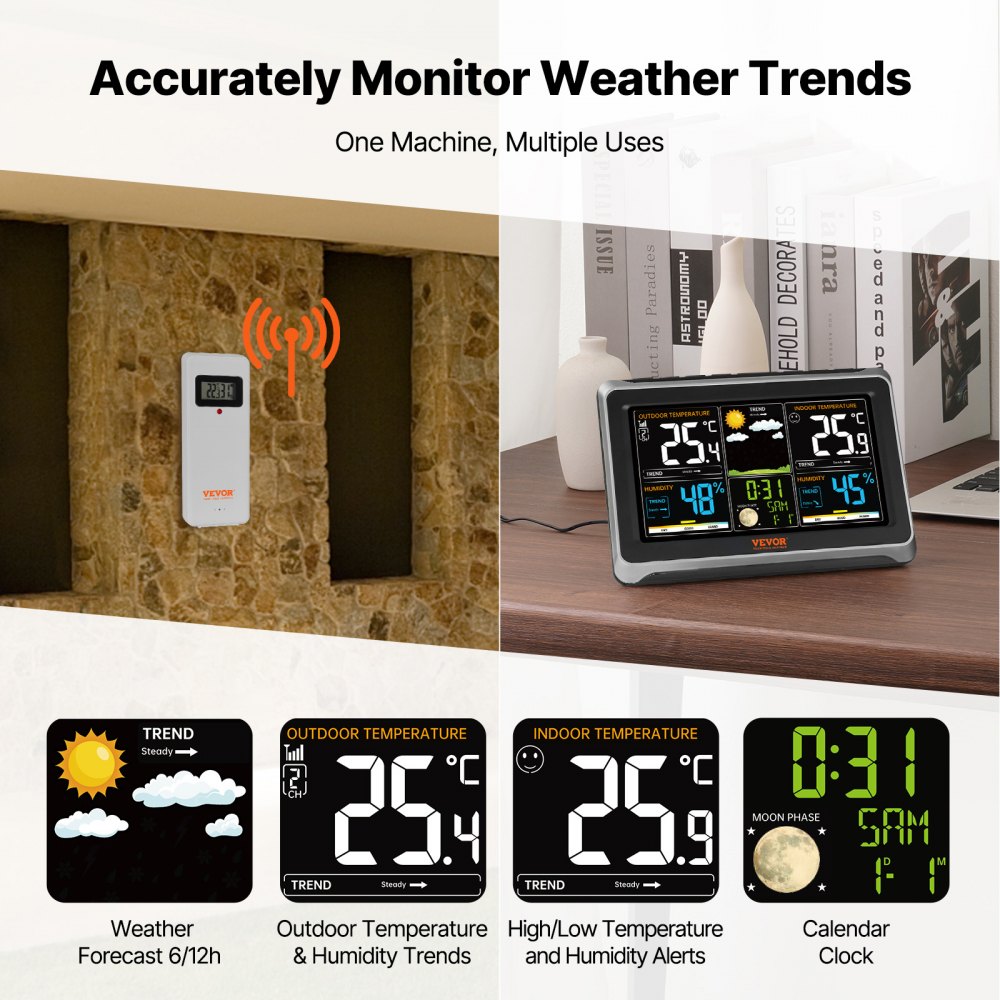 VEVOR Weather Station Indoor Outdoor, 7.5 in Color Display, Wireless Digital Home Weather Station, with Sensor Atomic Clock Adjustable Backlight Forecast Data Calendar Alarm Alert Temperature-NO WIFI