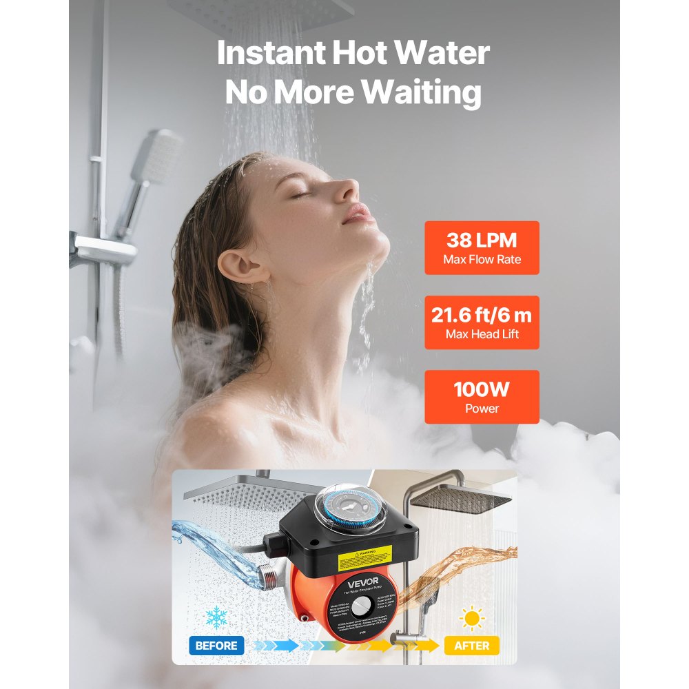 VEVOR Hot Water Recirculating Pump, with Timer, 38 LPM Instant Recirculation Pump Kit, Circulation Circulator System, 100W AC 220-240V, G3/4 in to G1/2 in Connector, for Boiler Solar Water Heater