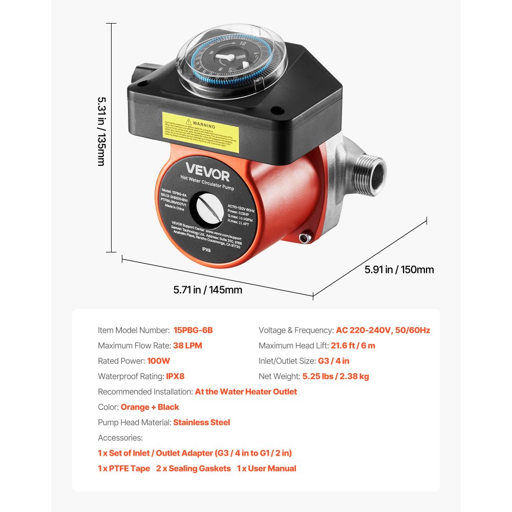 VEVOR Hot Water Recirculating Pump, with Timer, 38 LPM Instant Recirculation Pump Kit, Circulation Circulator System, 100W AC 220-240V, G3/4 in to G1/2 in Connector, for Boiler Solar Water Heater