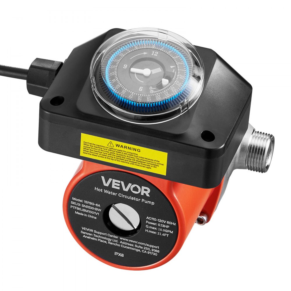 VEVOR Hot Water Recirculating Pump, with Timer, 38 LPM Instant Recirculation Pump Kit, Circulation Circulator System, 100W AC 220-240V, G3/4 in to G1/2 in Connector, for Boiler Solar Water Heater