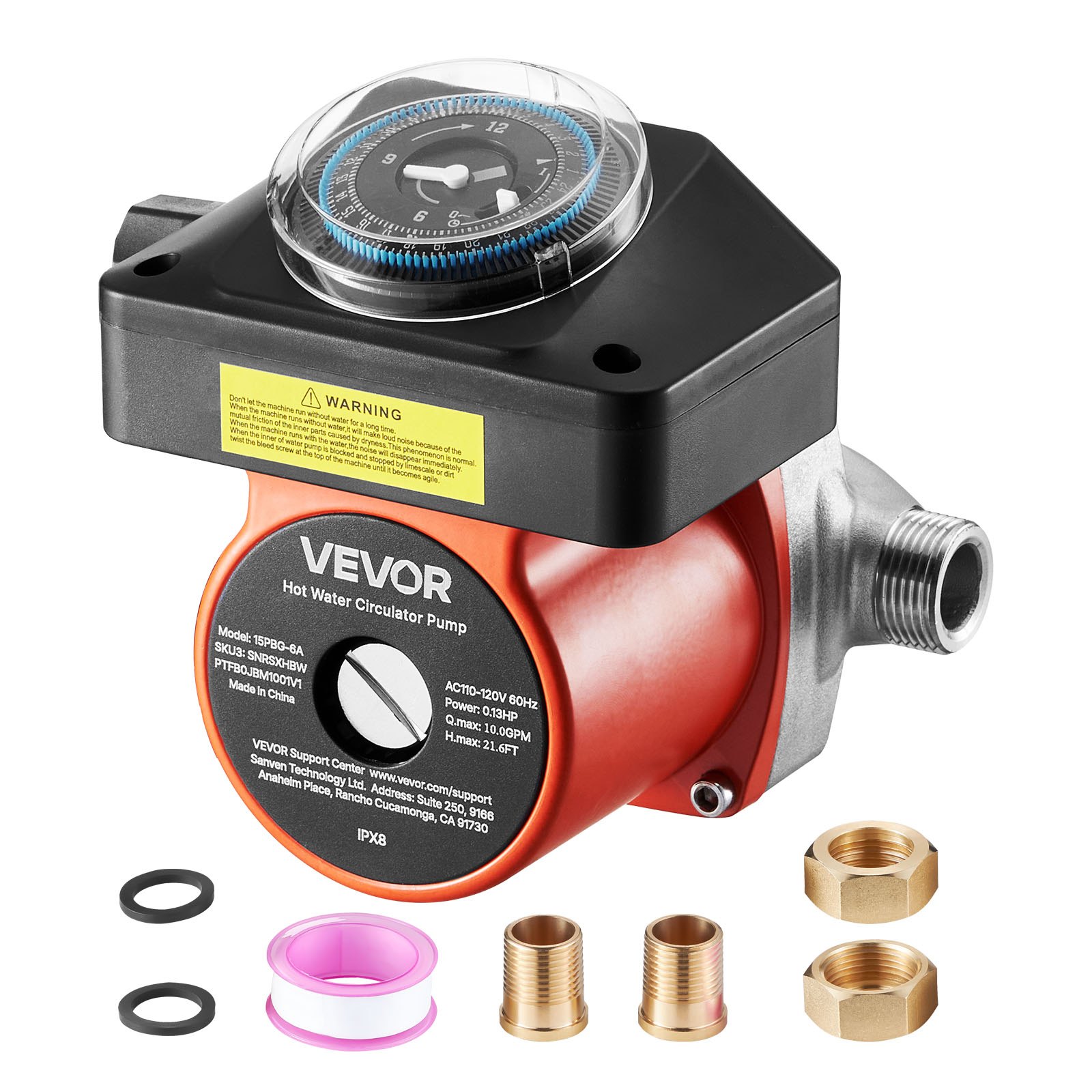 VEVOR Hot Water Recirculating Pump, with Timer, 38 LPM Instant Recirculation Pump Kit, Circulation Circulator System, 100W AC 220-240V, G3/4 in to G1/2 in Connector, for Boiler Solar Water Heater