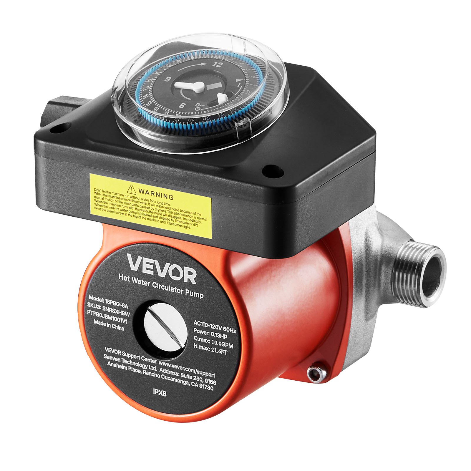 VEVOR Hot Water Recirculating Pump, with Timer, 38 LPM Instant Recirculation Pump Kit, Circulation Circulator System, 100W AC 220-240V, G3/4 in to G1/2 in Connector, for Boiler Solar Water Heater