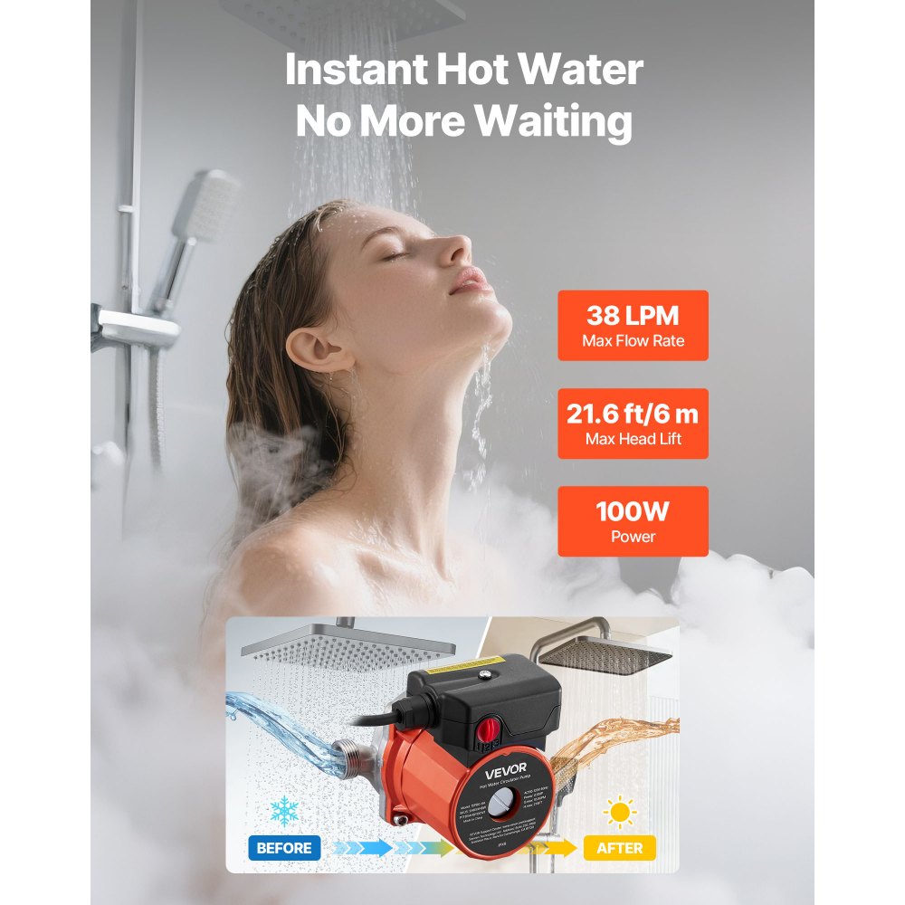 VEVOR Hot Water Recirculating Pump, 38 LPM, Instant Circulation Circulator Pump System, 3-Speed Control, 100W, AC 220-240V, G3/4 in to G1/2 in Adapter, Stainless Steel Head, for Water Heater System