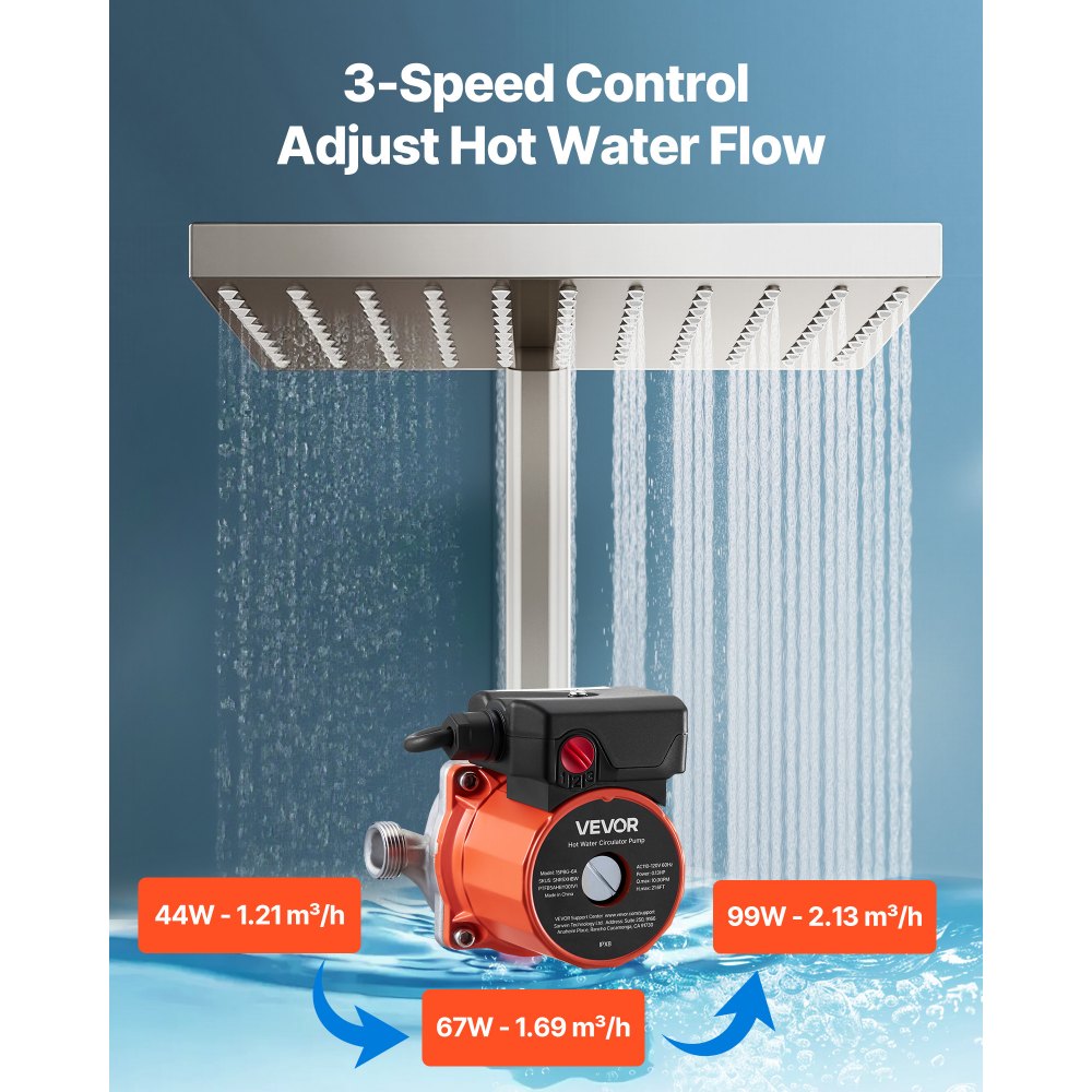 VEVOR Hot Water Recirculating Pump, 38 LPM, Instant Circulation Circulator Pump System, 3-Speed Control, 100W, AC 220-240V, G3/4 in to G1/2 in Adapter, Stainless Steel Head, for Water Heater System