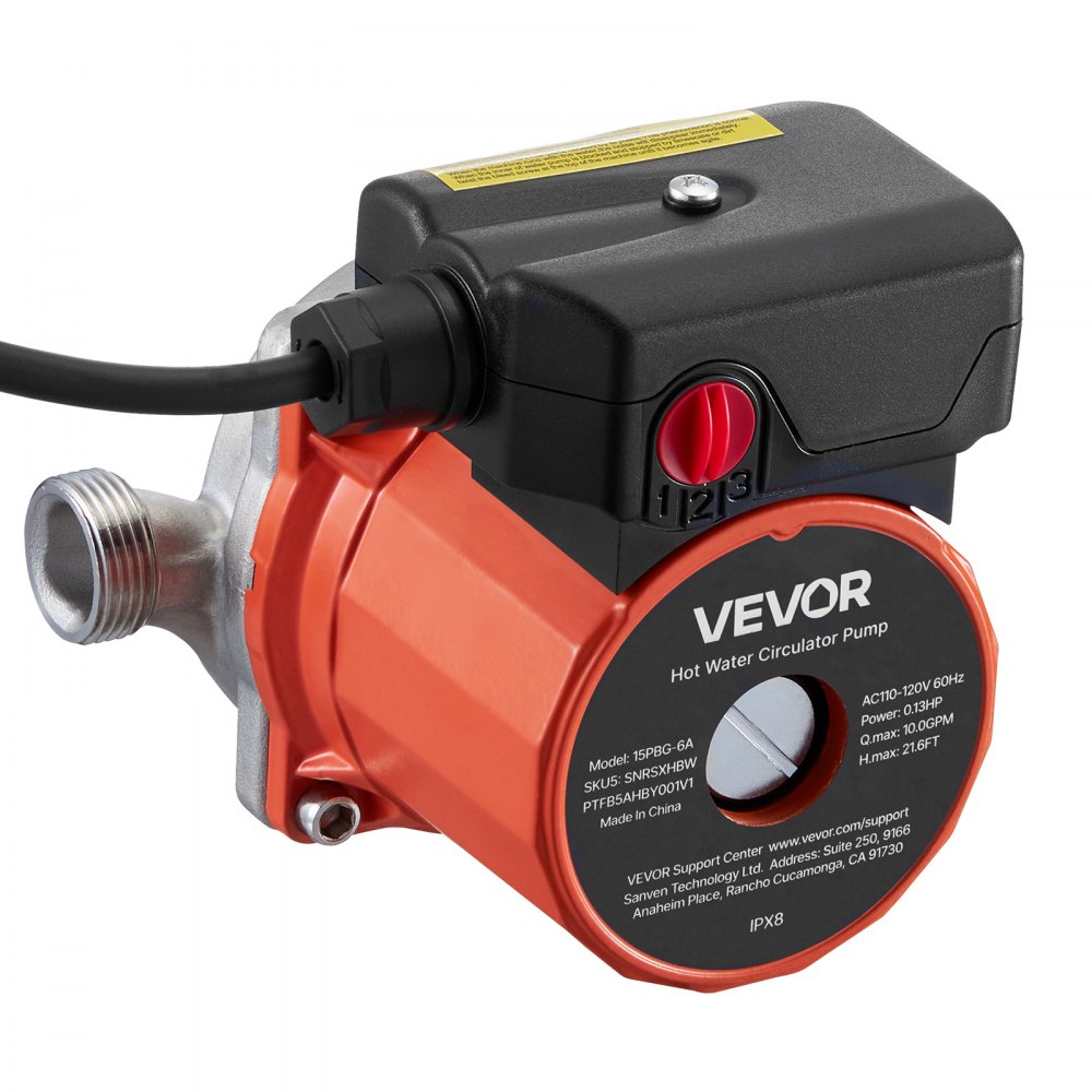 VEVOR Hot Water Recirculating Pump, 38 LPM, Instant Circulation Circulator Pump System, 3-Speed Control, 100W, AC 220-240V, G3/4 in to G1/2 in Adapter, Stainless Steel Head, for Water Heater System