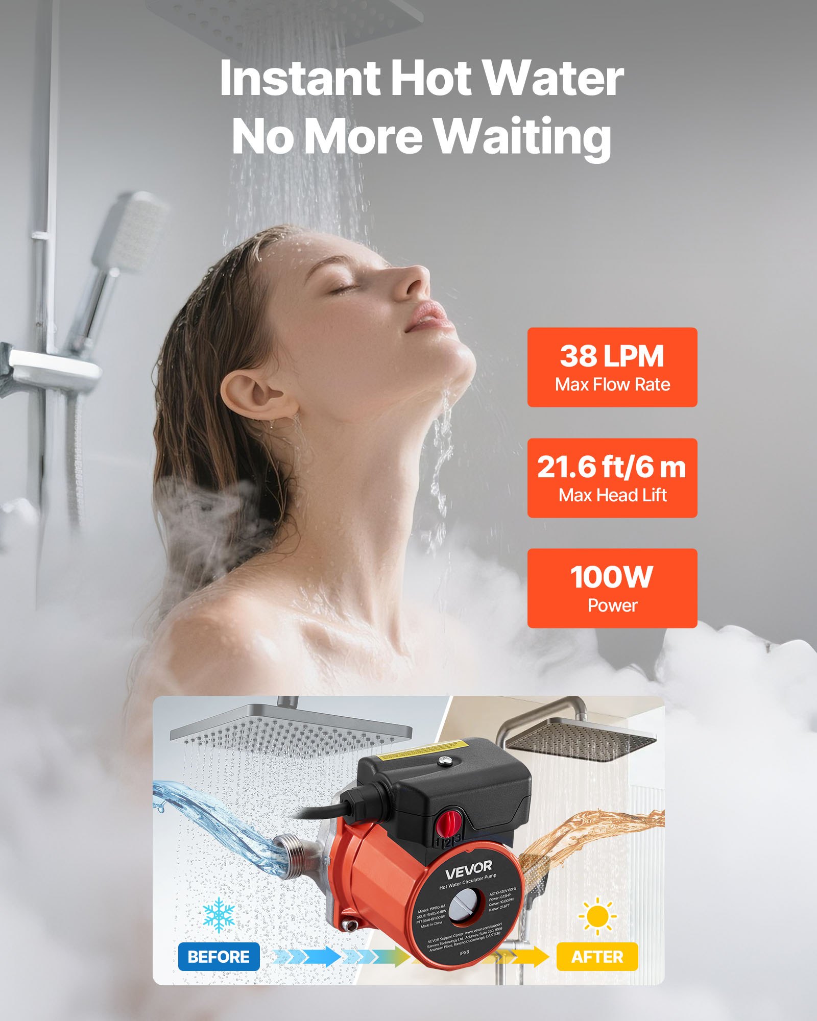 Obehové čerpadlo teplej vody VEVOR, 38 l/min, systém obehového čerpadla s okamžitou cirkuláciou, 3-rýchlostná regulácia, 100 W, AC 220 – 240 V, adaptér G3/4 palca na G1/2 palca, hlavica z nehrdzavejúcej ocele, pre systém ohrievača vody