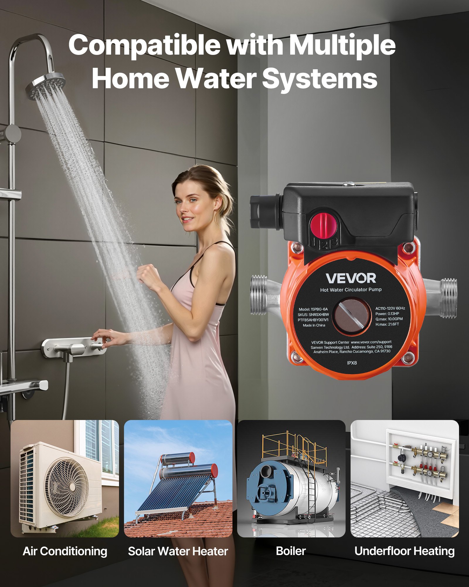 VEVOR Hot Water Recirculating Pump, 38 LPM, Instant Circulation Circulator Pump System, 3-Speed Control, 100W, AC 220-240V, G3/4 in to G1/2 in Adapter, Stainless Steel Head, for Water Heater System