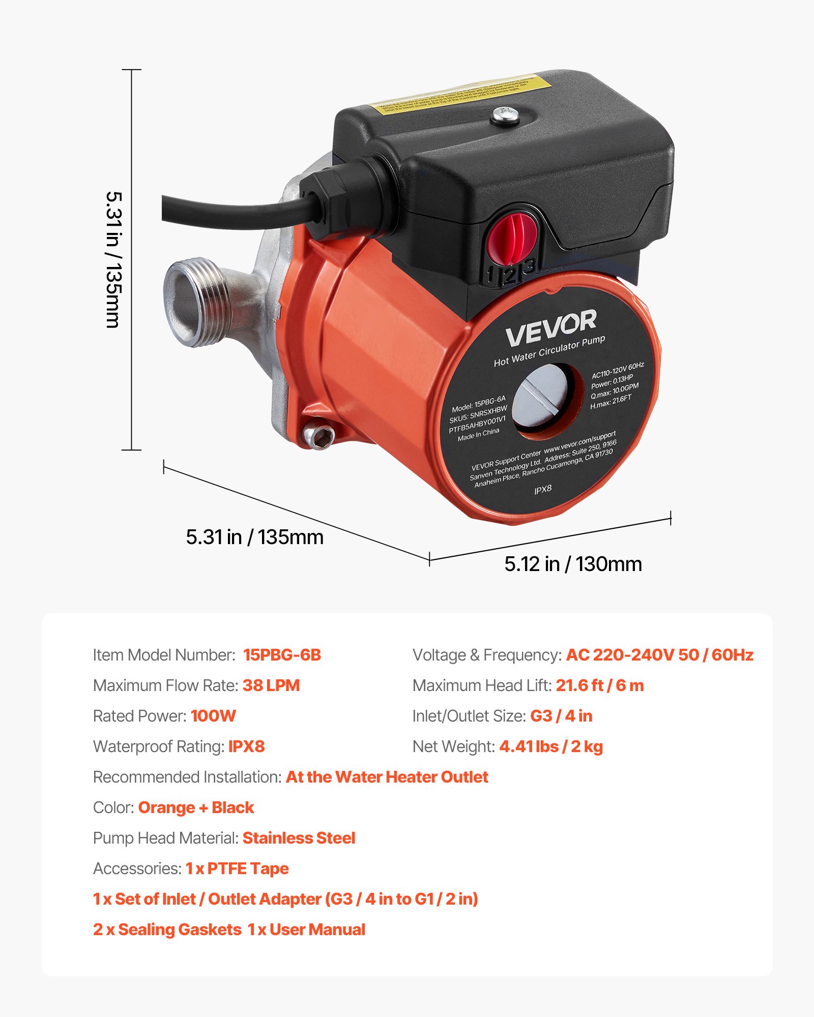 VEVOR Hot Water Recirculating Pump, 38 LPM, Instant Circulation Circulator Pump System, 3-Speed Control, 100W, AC 220-240V, G3/4 in to G1/2 in Adapter, Stainless Steel Head, for Water Heater System