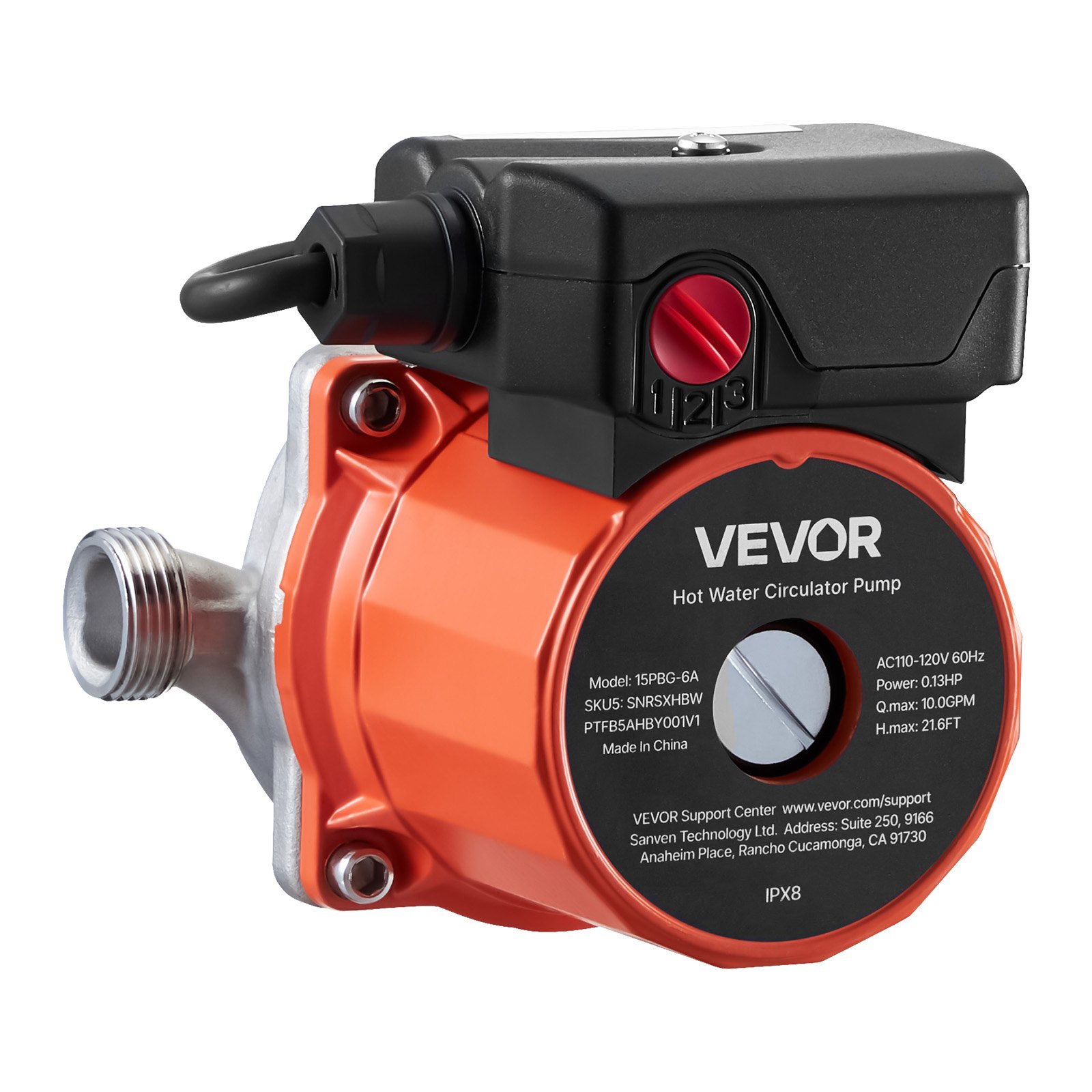 VEVOR Hot Water Recirculating Pump, 38 LPM, Instant Circulation Circulator Pump System, 3-Speed Control, 100W, AC 220-240V, G3/4 in to G1/2 in Adapter, Stainless Steel Head, for Water Heater System