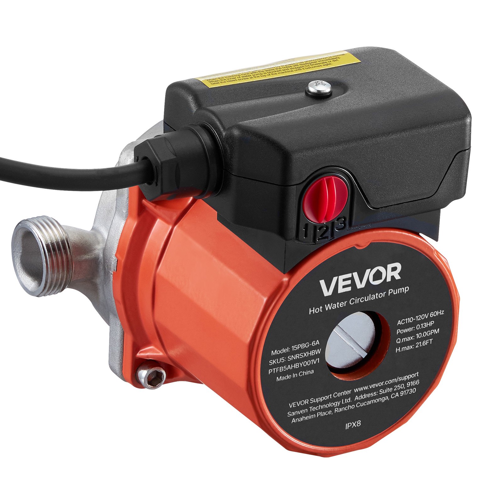 VEVOR Hot Water Recirculating Pump, 38 LPM, Instant Circulation Circulator Pump System, 3-Speed Control, 100W, AC 220-240V, G3/4 in to G1/2 in Adapter, Stainless Steel Head, for Water Heater System