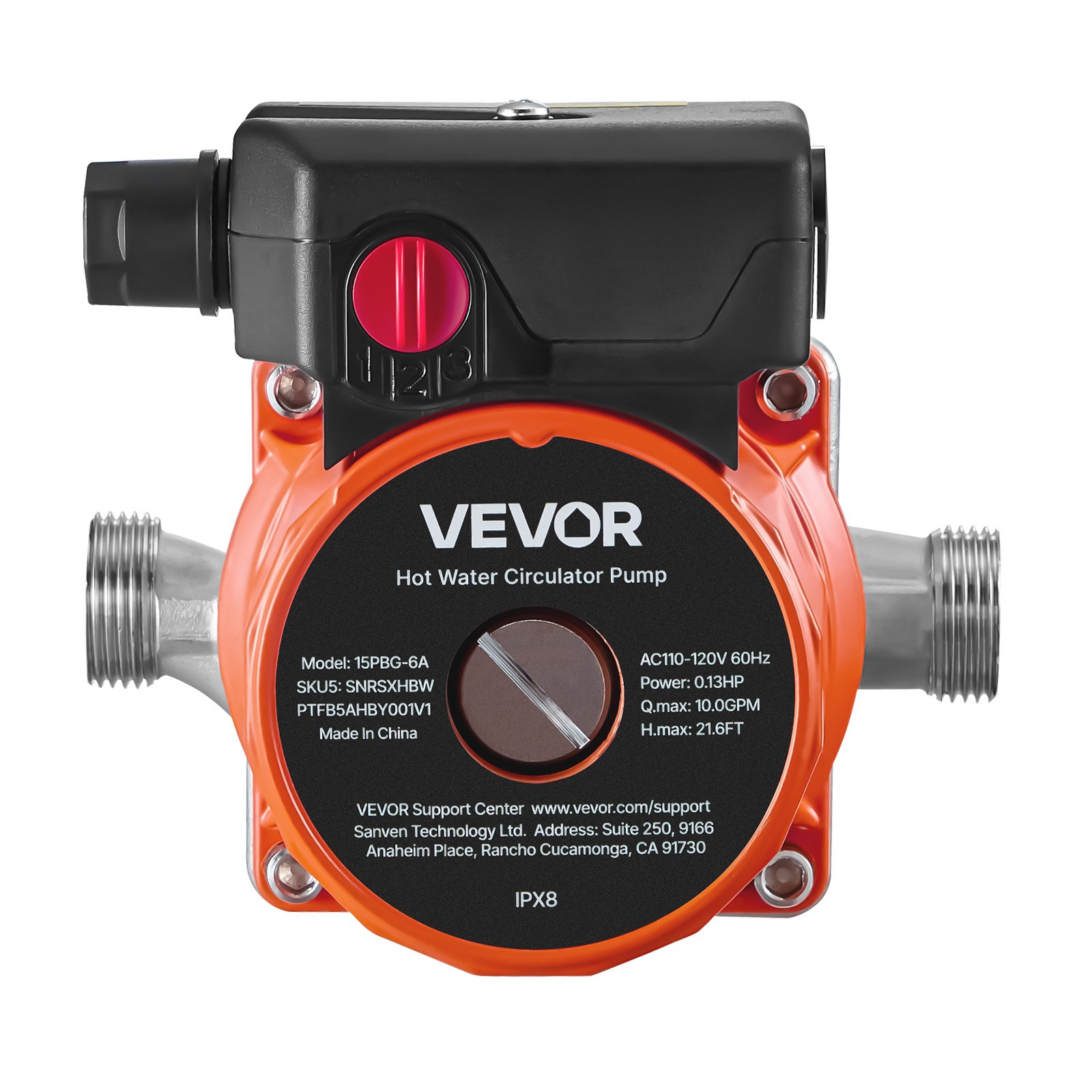 VEVOR Hot Water Recirculating Pump, 38 LPM, Instant Circulation Circulator Pump System, 3-Speed Control, 100W, AC 220-240V, G3/4 in to G1/2 in Adapter, Stainless Steel Head, for Water Heater System